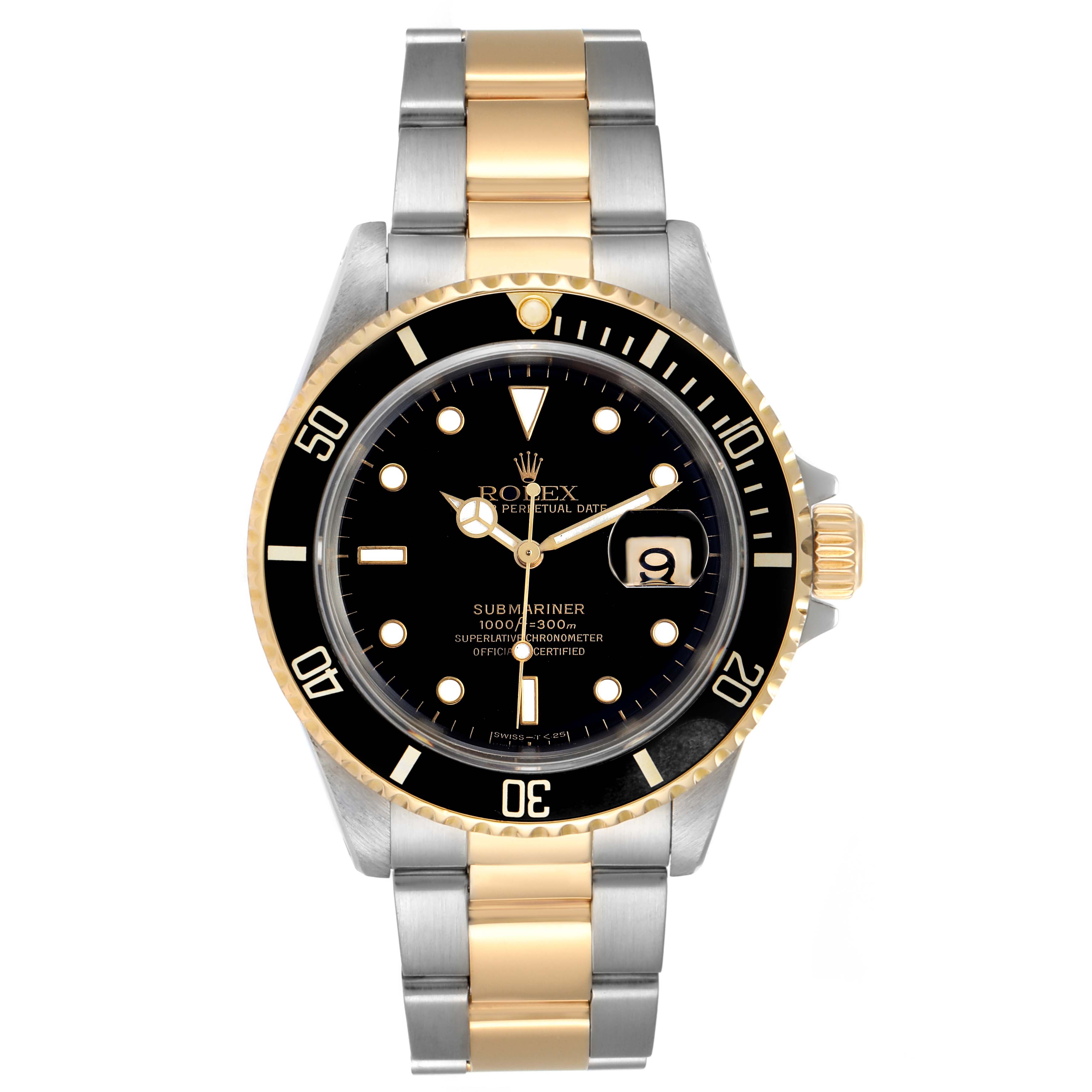 The image shows a front view of the Rolex Submariner 16613 Men's Steel and Gold (two tone) Black Dial 16613 Men's Steel and Gold (two tone) Black Dial watch, highlighting the black dial, gold and black bezel, and two-tone bracelet.