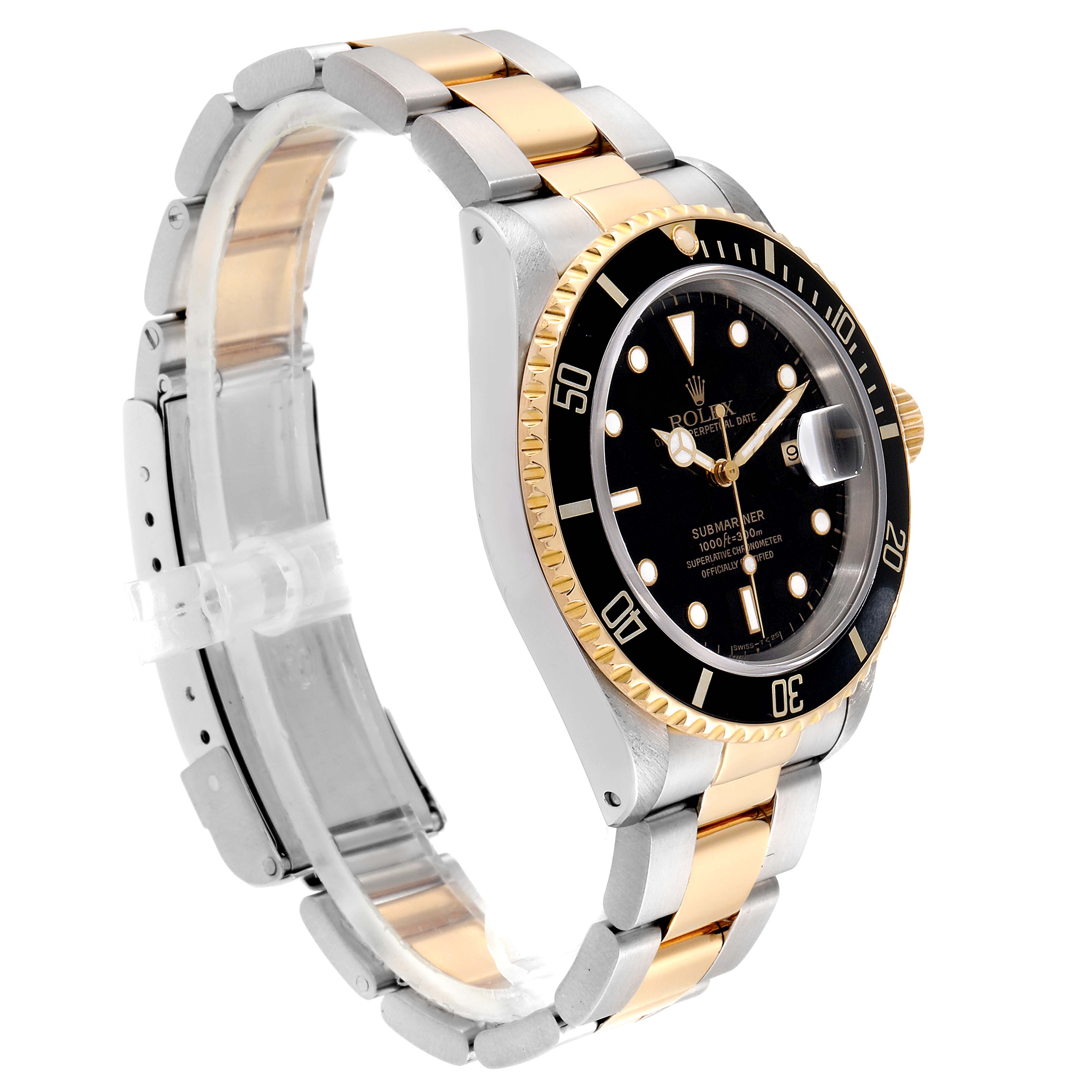 This image shows a side angle view of a Rolex Submariner 16613 Men's Steel and Gold (two tone) Black Dial 16613 Men's Steel and Gold (two tone) Black Dial watch, highlighting the dial, bezel, and two-tone bracelet.