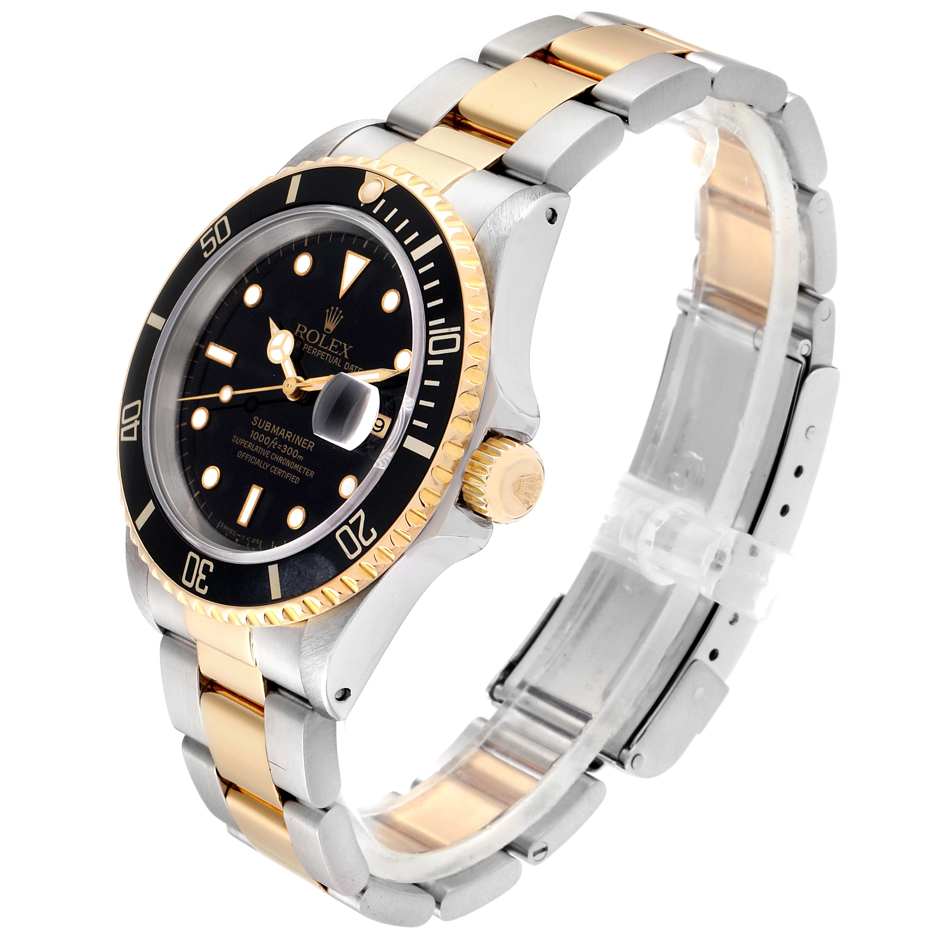 This image shows a side and angled view of a Rolex Submariner 16613 Men's Steel and Gold (two tone) Black Dial 16613 Men's Steel and Gold (two tone) Black Dial watch, highlighting its dial, bezel, and bracelet.