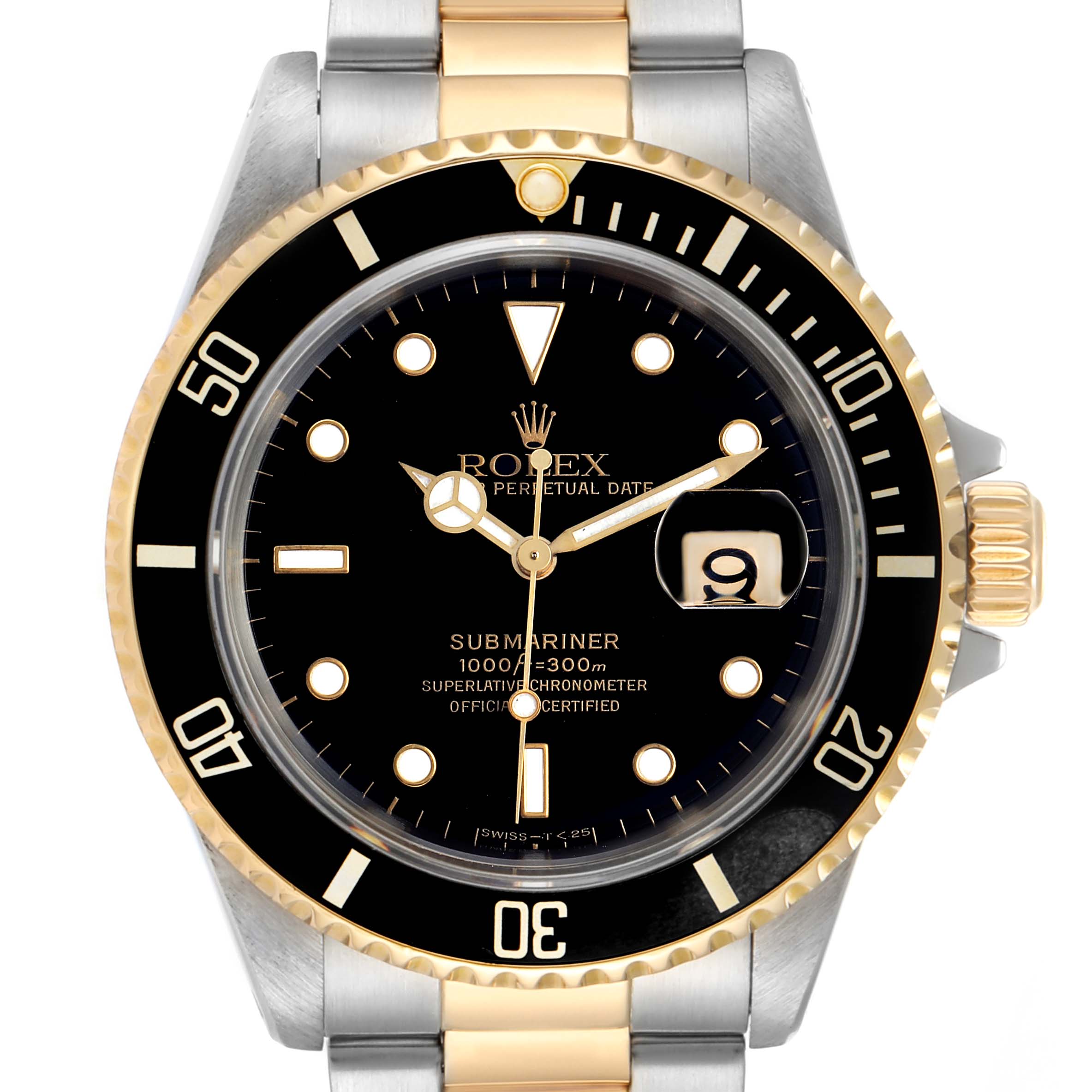 The image shows a front view of the Rolex Submariner 16613 Men's Steel and Gold (two tone) Black Dial 16613 Men's Steel and Gold (two tone) Black Dial watch, highlighting the black dial, bezel, gold accents, and metal bracelet.