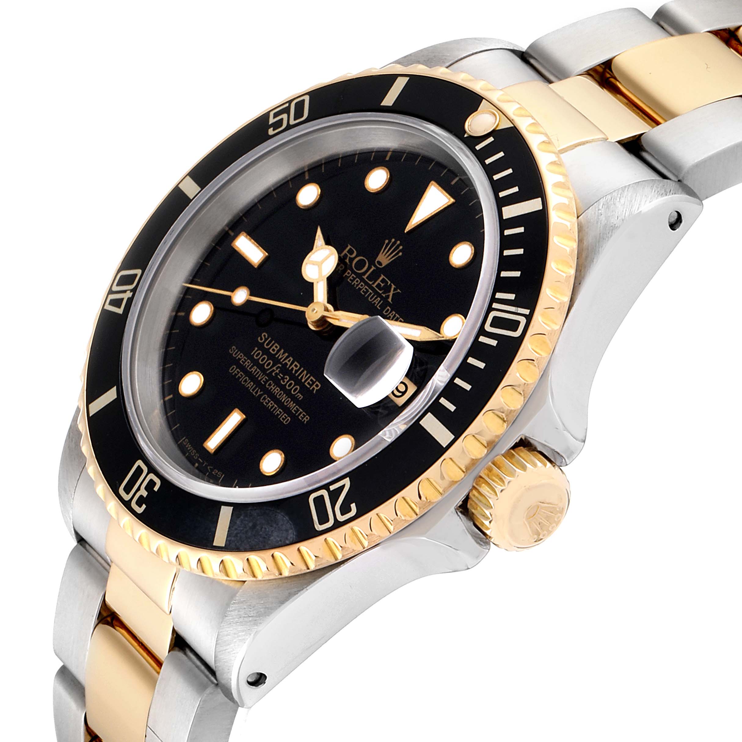 The image shows a partial side angle of a Rolex Submariner 16613 Men's Steel and Gold (two tone) Black Dial 16613 Men's Steel and Gold (two tone) Black Dial, highlighting the black and gold bezel, dial, and part of the bracelet.