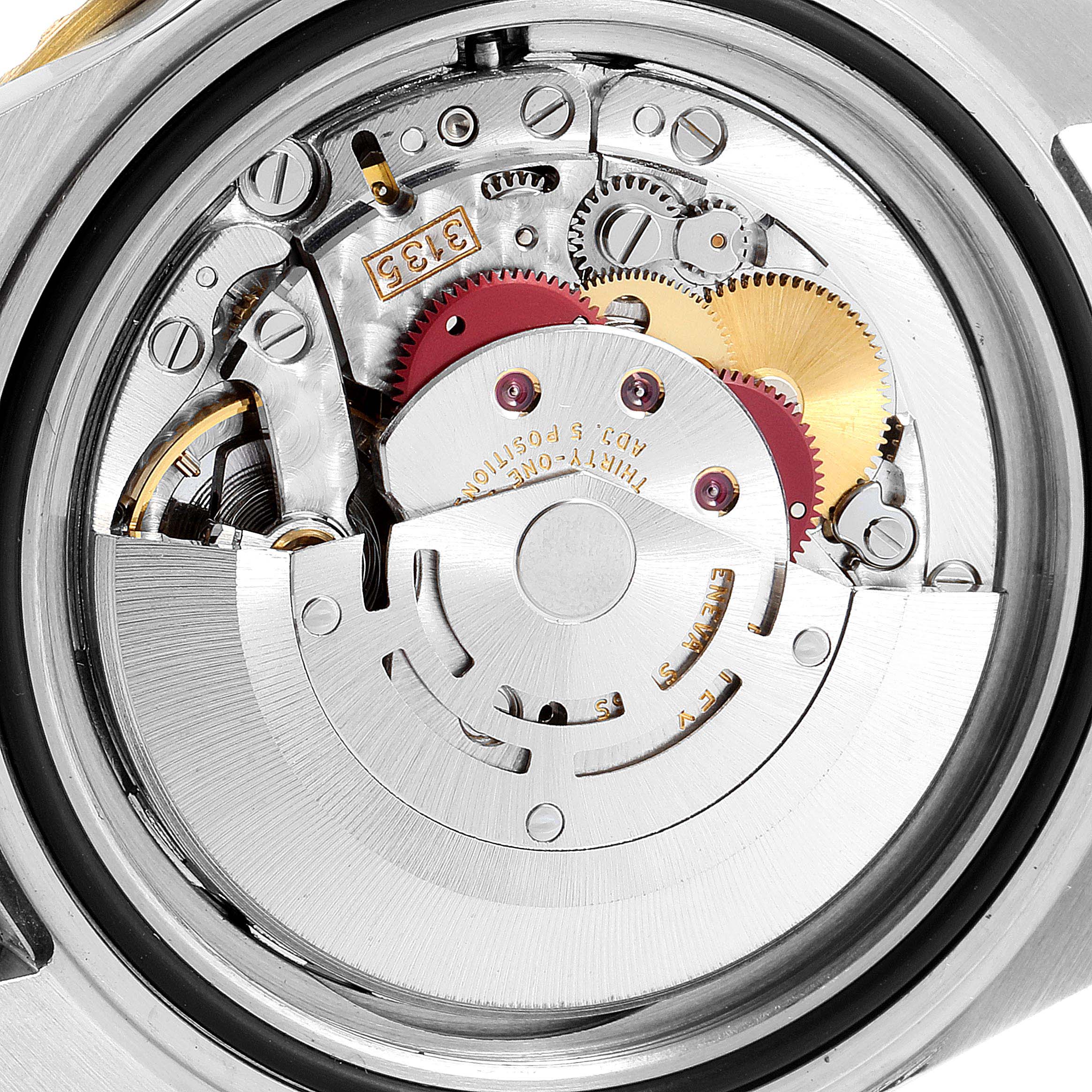 The image shows the back view, exposing the intricate internal mechanism of the Rolex Submariner 16613 Men's Steel and Gold (two tone) Black Dial 16613 Men's Steel and Gold (two tone) Black Dial watch.