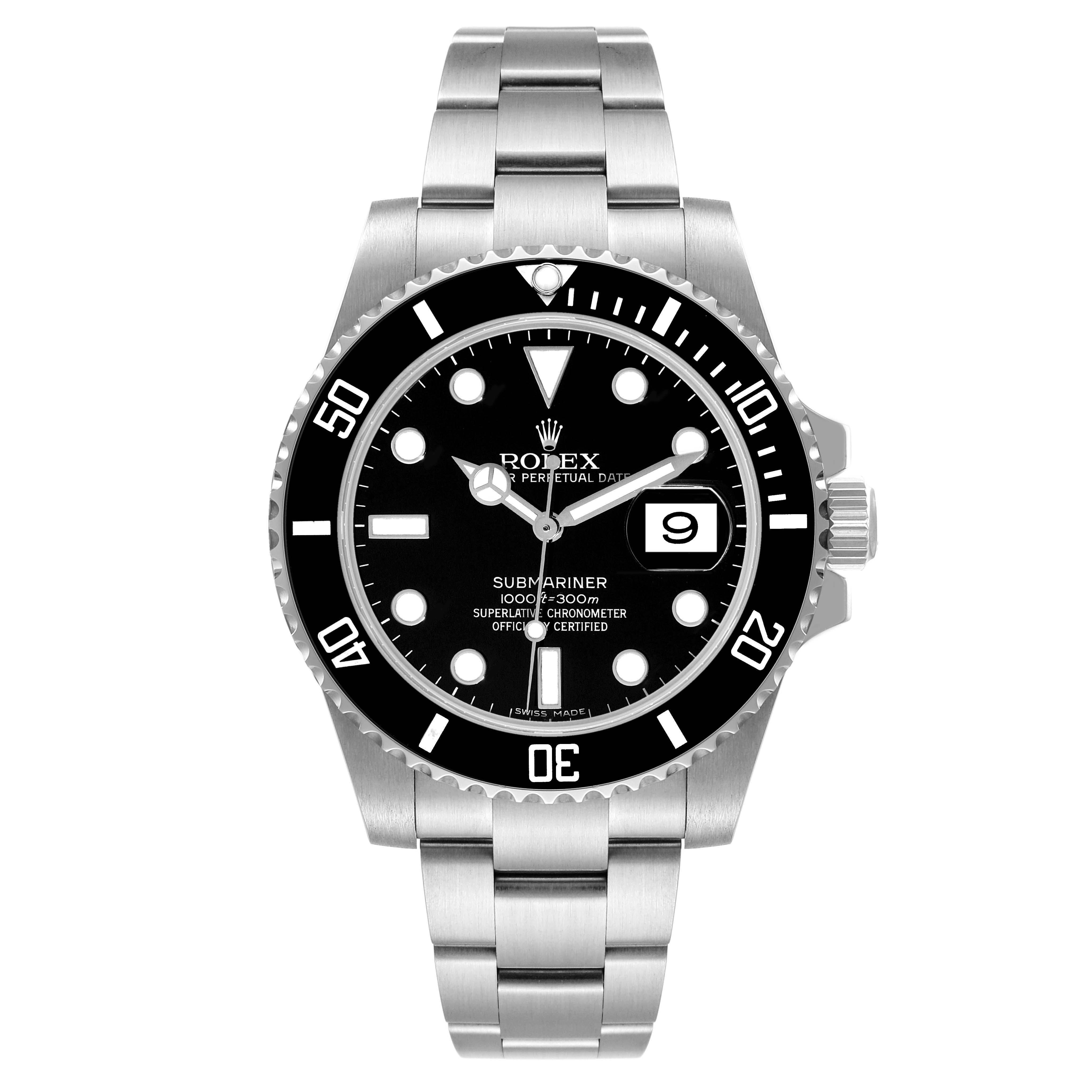 The image shows a front view of the Rolex Submariner 116610 Men's Stainless Steel Black Dial 116610 Men's Stainless Steel Black Dial watch, displaying its black dial, unidirectional rotating bezel, and stainless steel bracelet.