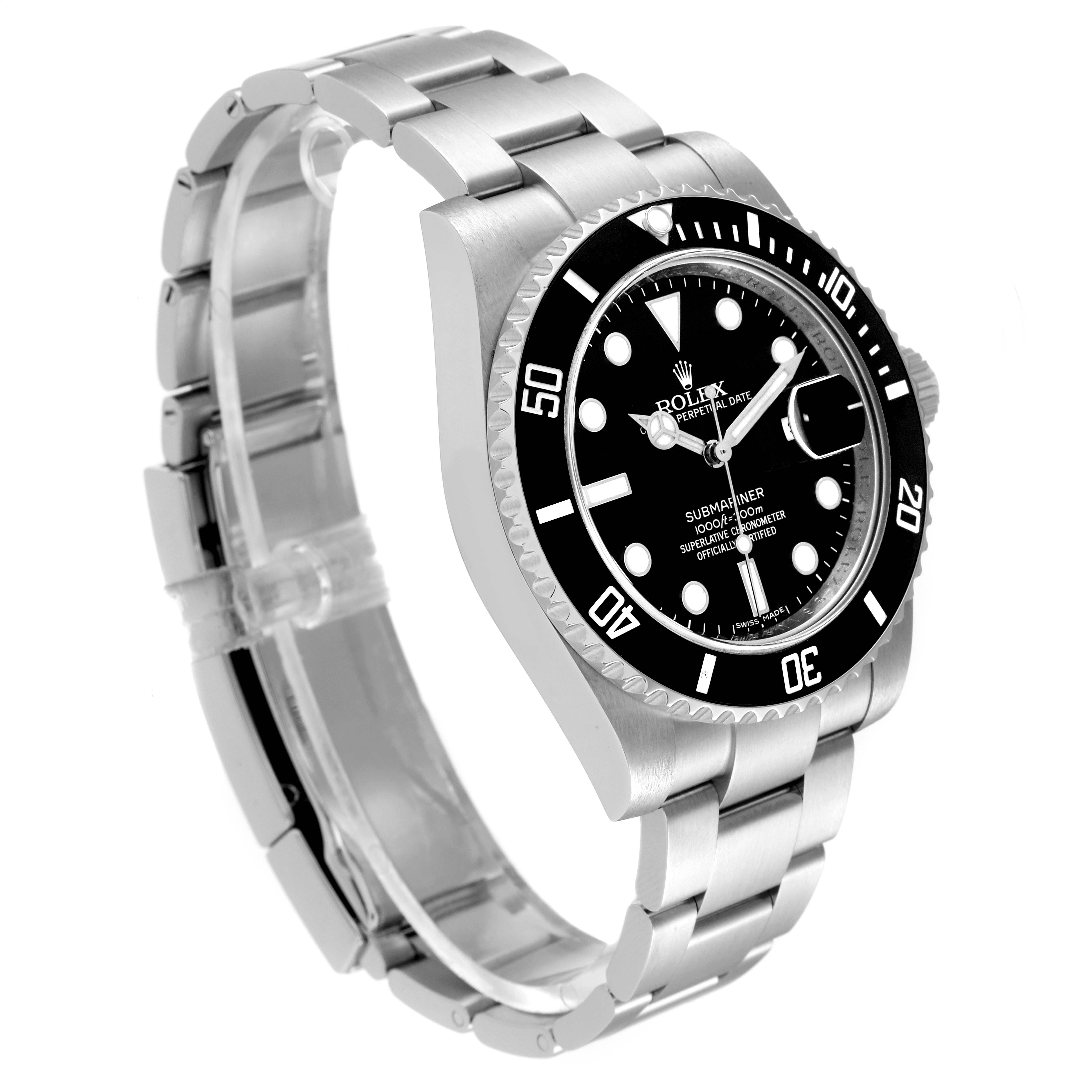 This image shows a Rolex Submariner 116610 Men's Stainless Steel Black Dial 116610 Men's Stainless Steel Black Dial watch from a side angle, highlighting its black dial, bezel, and stainless steel bracelet.