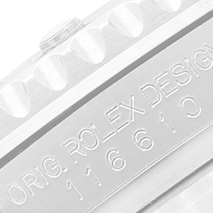 This image shows a close-up of the engraving and bezel of a Rolex Submariner 116610 Men's Stainless Steel Black Dial 116610 Men's Stainless Steel Black Dial watch.