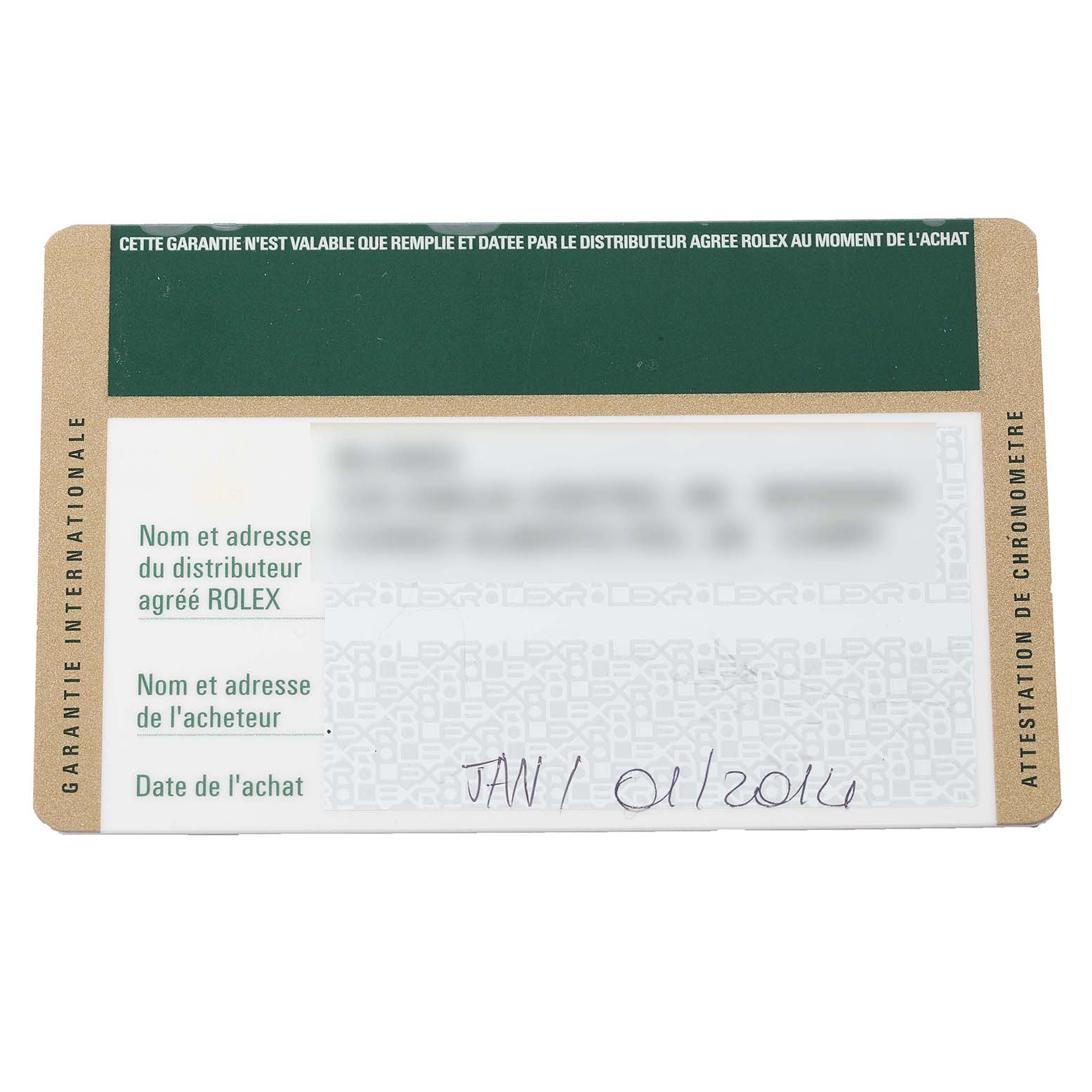 The image shows the warranty card for a Rolex Submariner 116610 Men's Stainless Steel Black Dial 116610 Men's Stainless Steel Black Dial, including the purchase date and details of the distributor and buyer.