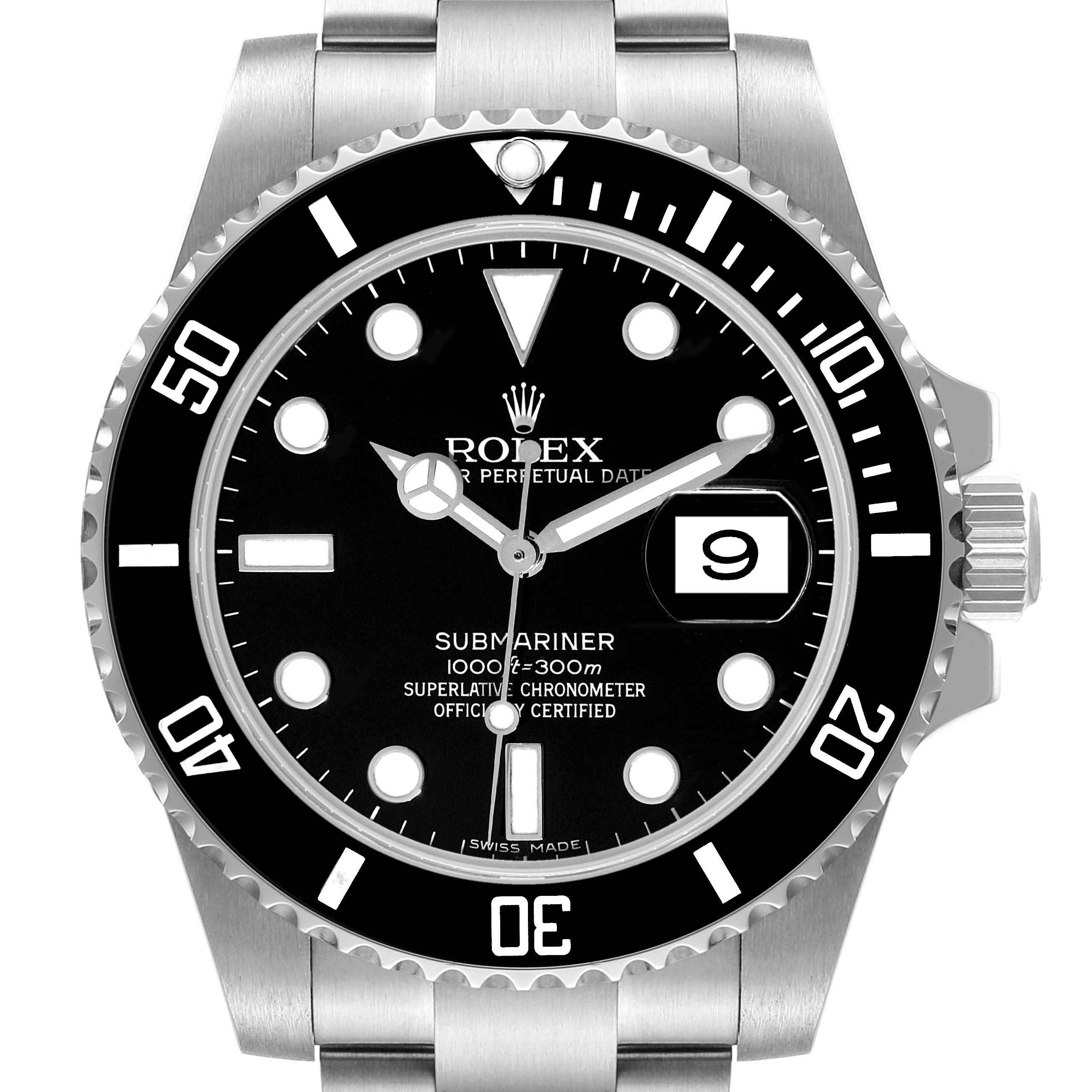 The image shows a front view of a Rolex Submariner 116610 Men's Stainless Steel Black Dial 116610 Men's Stainless Steel Black Dial watch displaying the dial, bezel, and part of the bracelet.