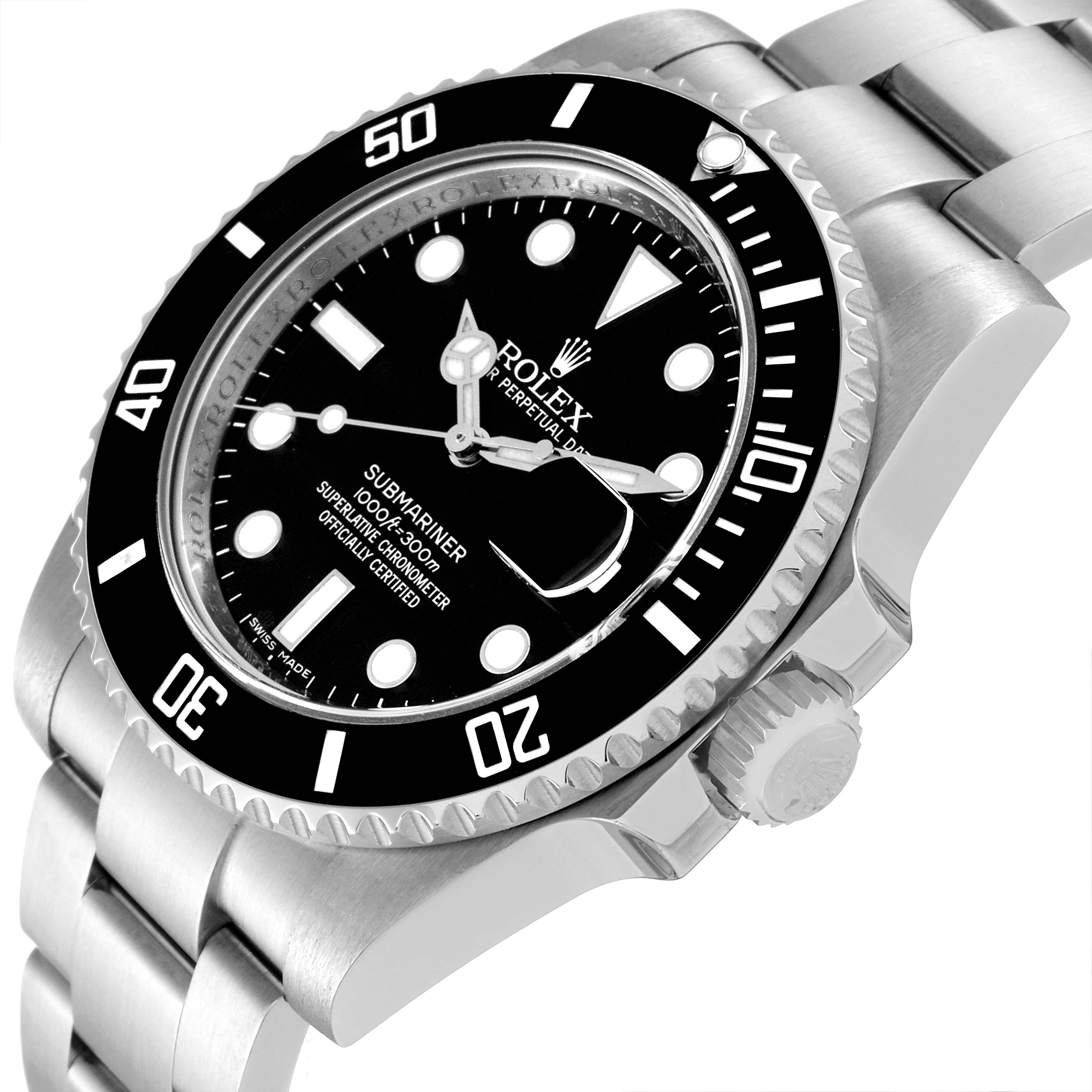 The image shows a close-up angle of the Rolex Submariner 116610 Men's Stainless Steel Black Dial 116610 Men's Stainless Steel Black Dial watch, highlighting the dial, bezel, crown, and a portion of the bracelet.