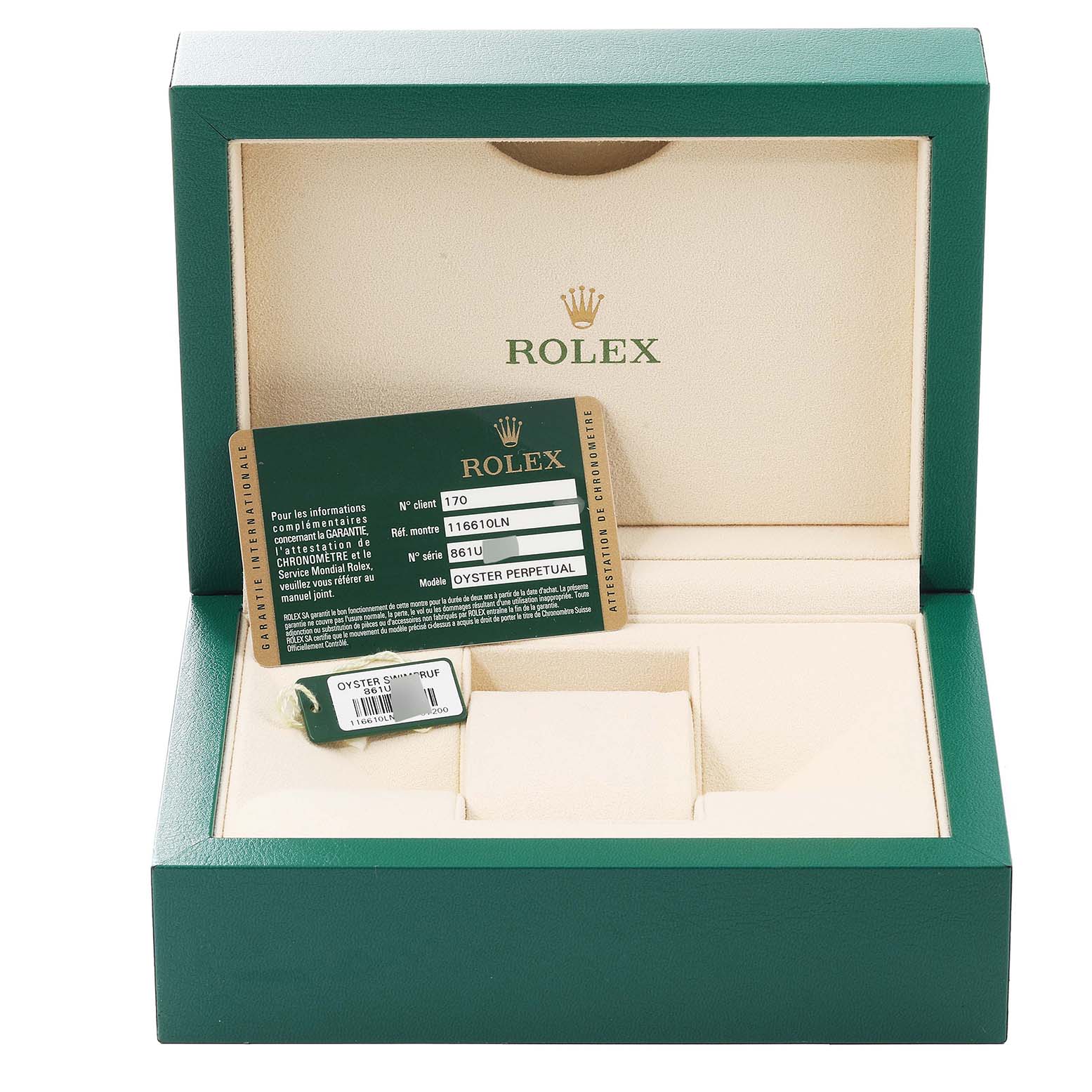 The image shows the green box for the Rolex Submariner 116610 Men's Stainless Steel Black Dial 116610 Men's Stainless Steel Black Dial model, along with its authentication card and tag.
