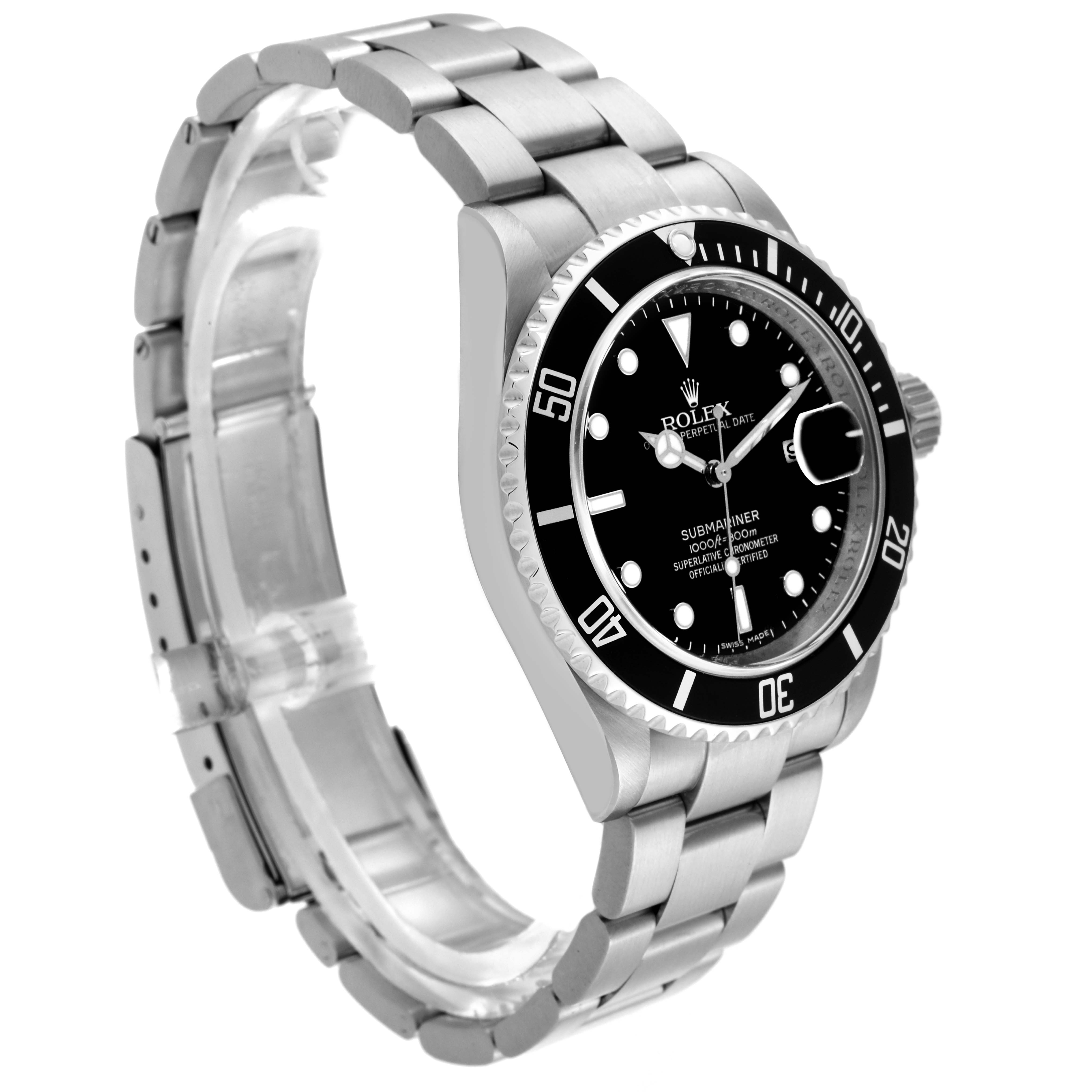 The image shows a side angle of a Rolex Submariner 16610 Men
s Stainless Steel Black Dial 16610 Men
s Stainless Steel Black Dial watch, highlighting its bezel, dial, and bracelet.