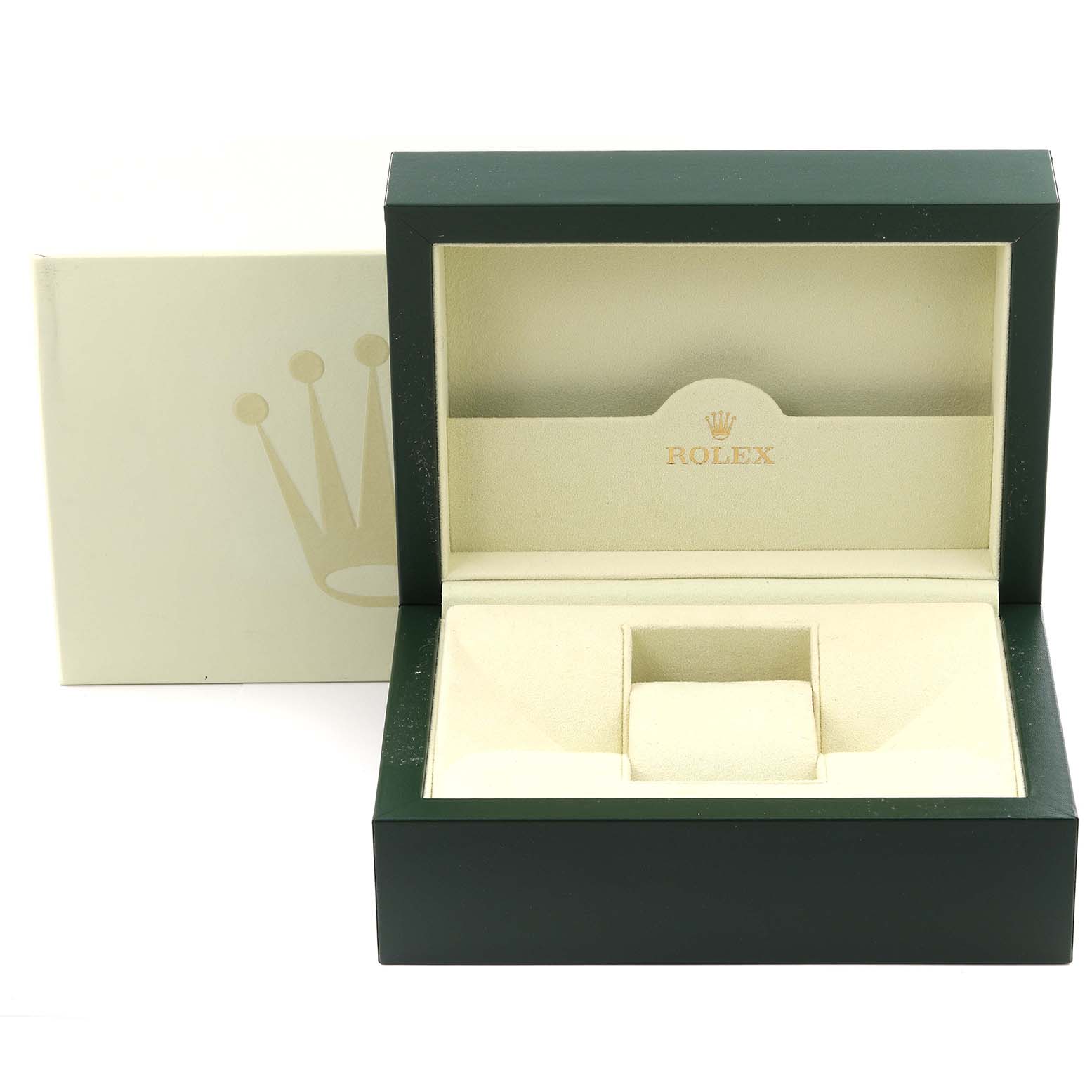 The image shows an open Rolex Submariner 16610 Men
s Stainless Steel Black Dial 16610 Men
s Stainless Steel Black Dial watch box and its outer box.