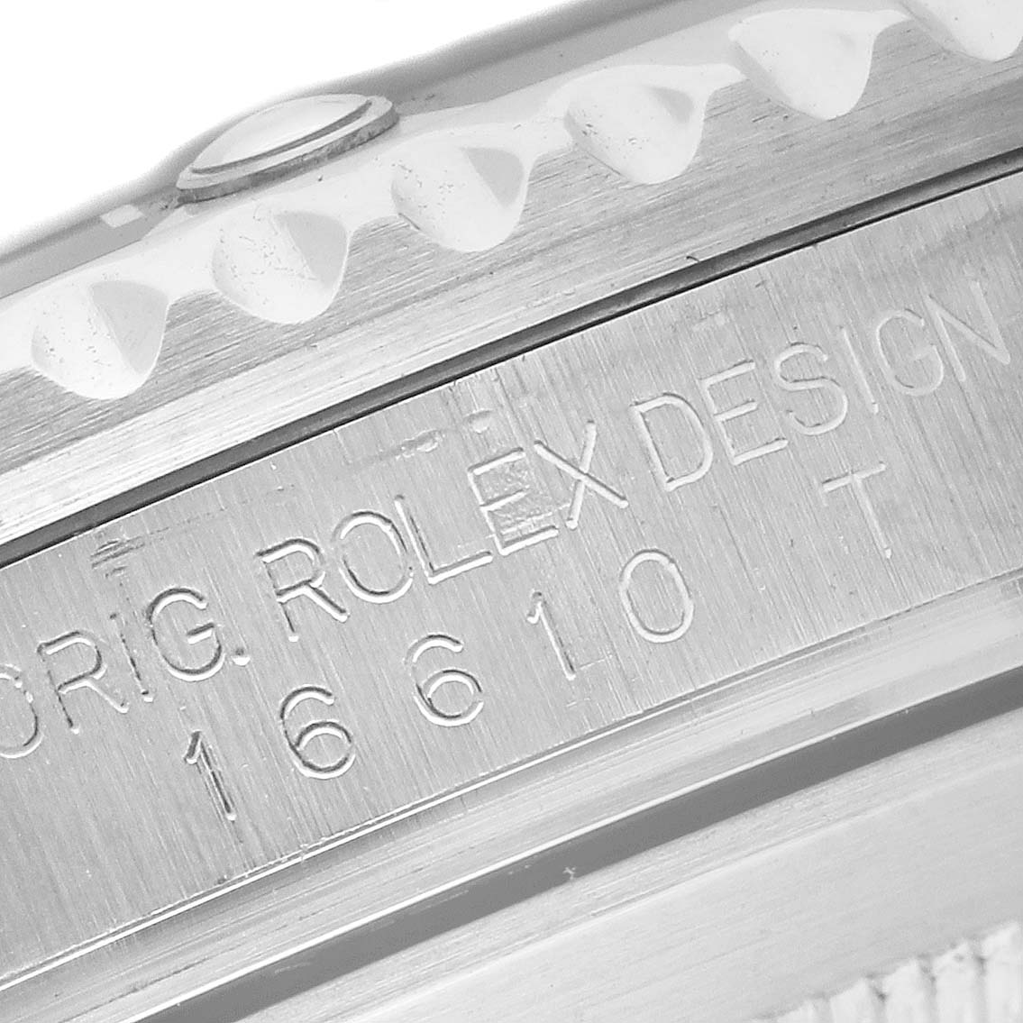 The image shows a close-up of the case side of a Rolex Submariner 16610 Men
s Stainless Steel Black Dial 16610 Men
s Stainless Steel Black Dial, highlighting the model number "16610."