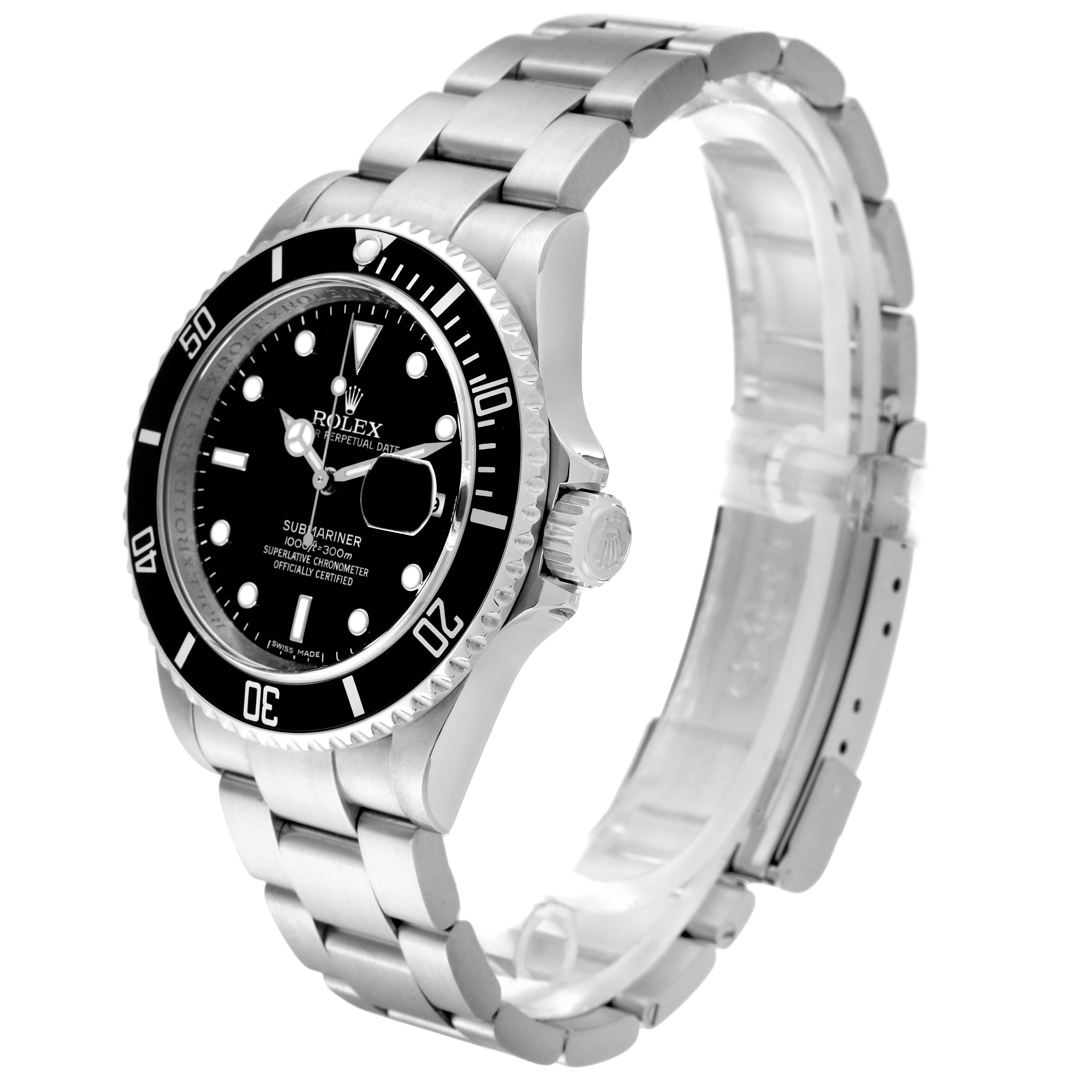 The image shows a side angle of a Rolex Submariner 16610 Men
s Stainless Steel Black Dial 16610 Men
s Stainless Steel Black Dial, highlighting the watch face, protective bezel, crown, and metal bracelet.