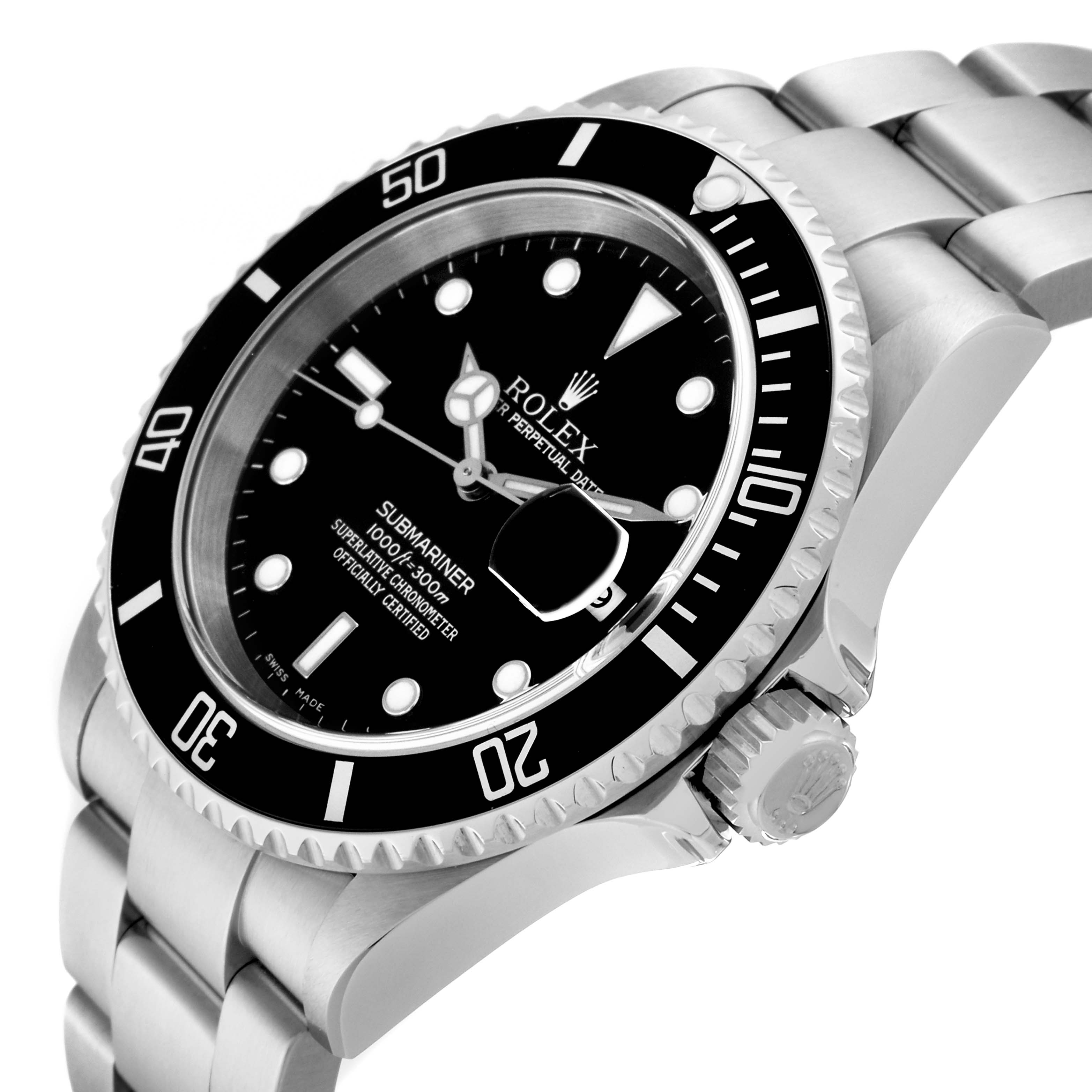 The image shows a Rolex Submariner 16610 Men's Stainless Steel Black Dial 16610 Men's Stainless Steel Black Dial watch at a tilted angle, highlighting the crown, bezel, dial, and bracelet.