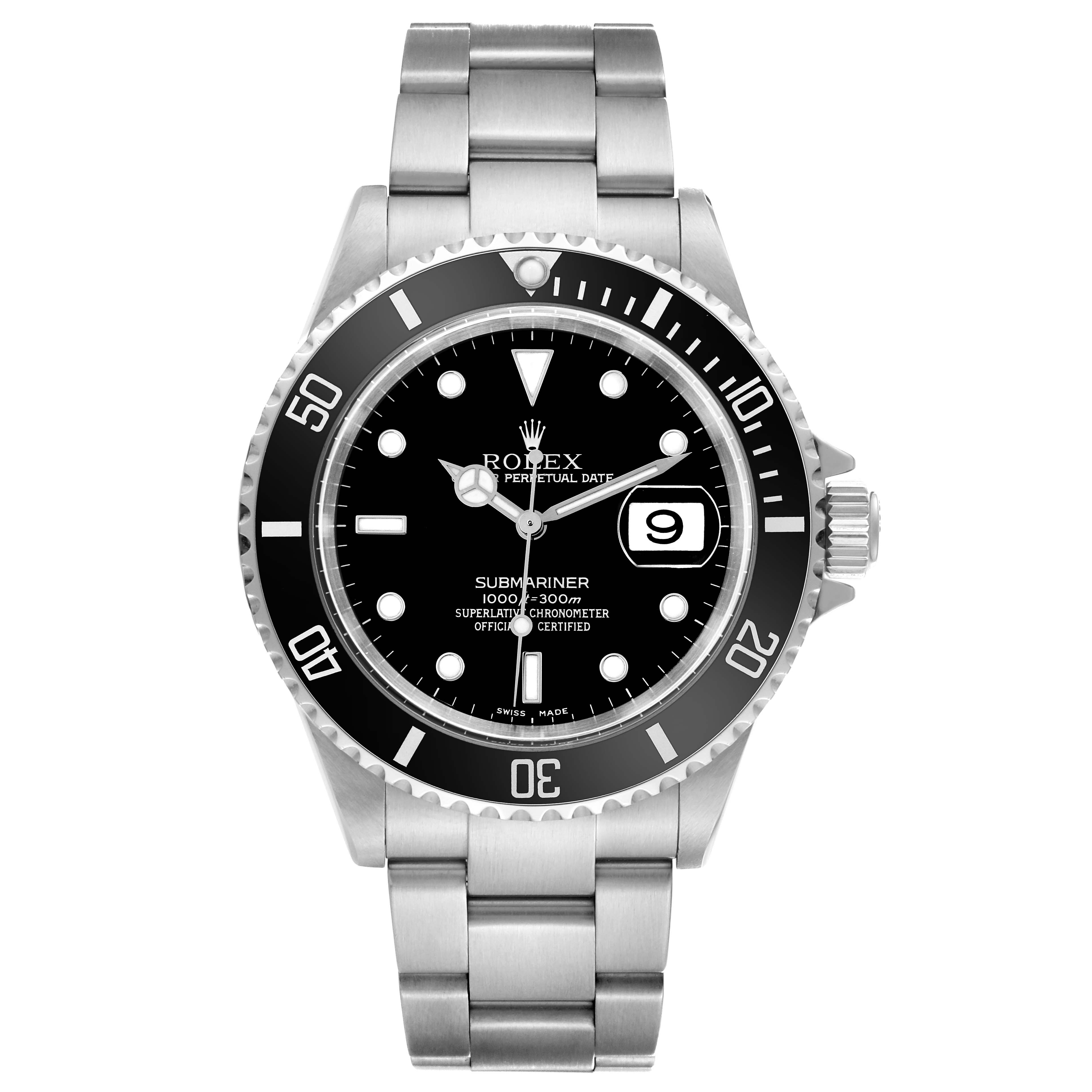 The image shows a front view of a Rolex Submariner 16610 Men's Stainless Steel Black Dial 16610 Men's Stainless Steel Black Dial watch showcasing the bracelet, bezel, dial, and date window.