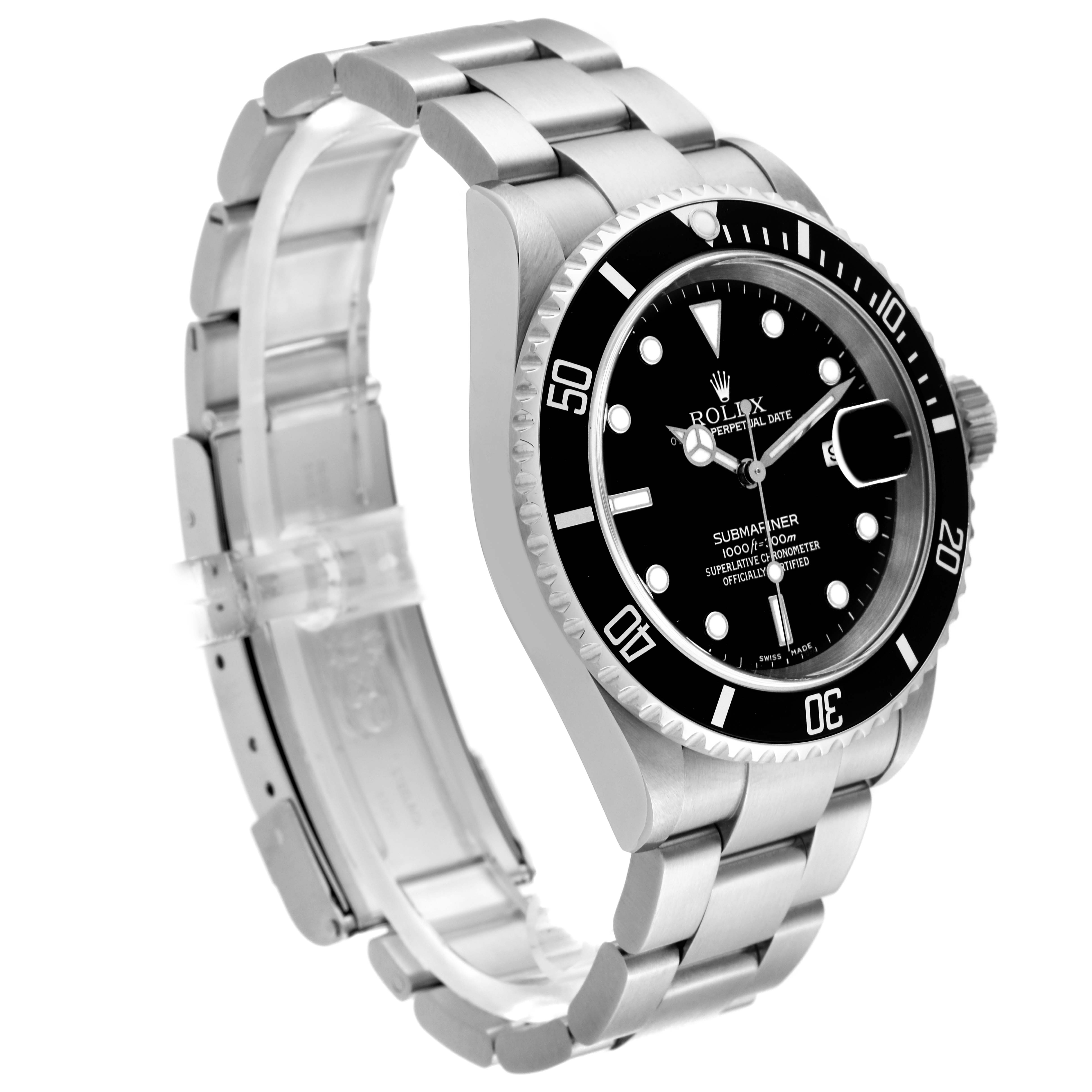 The image shows a side angle of the Rolex Submariner 16610 Men's Stainless Steel Black Dial 16610 Men's Stainless Steel Black Dial watch, highlighting the bracelet, bezel, and dial.