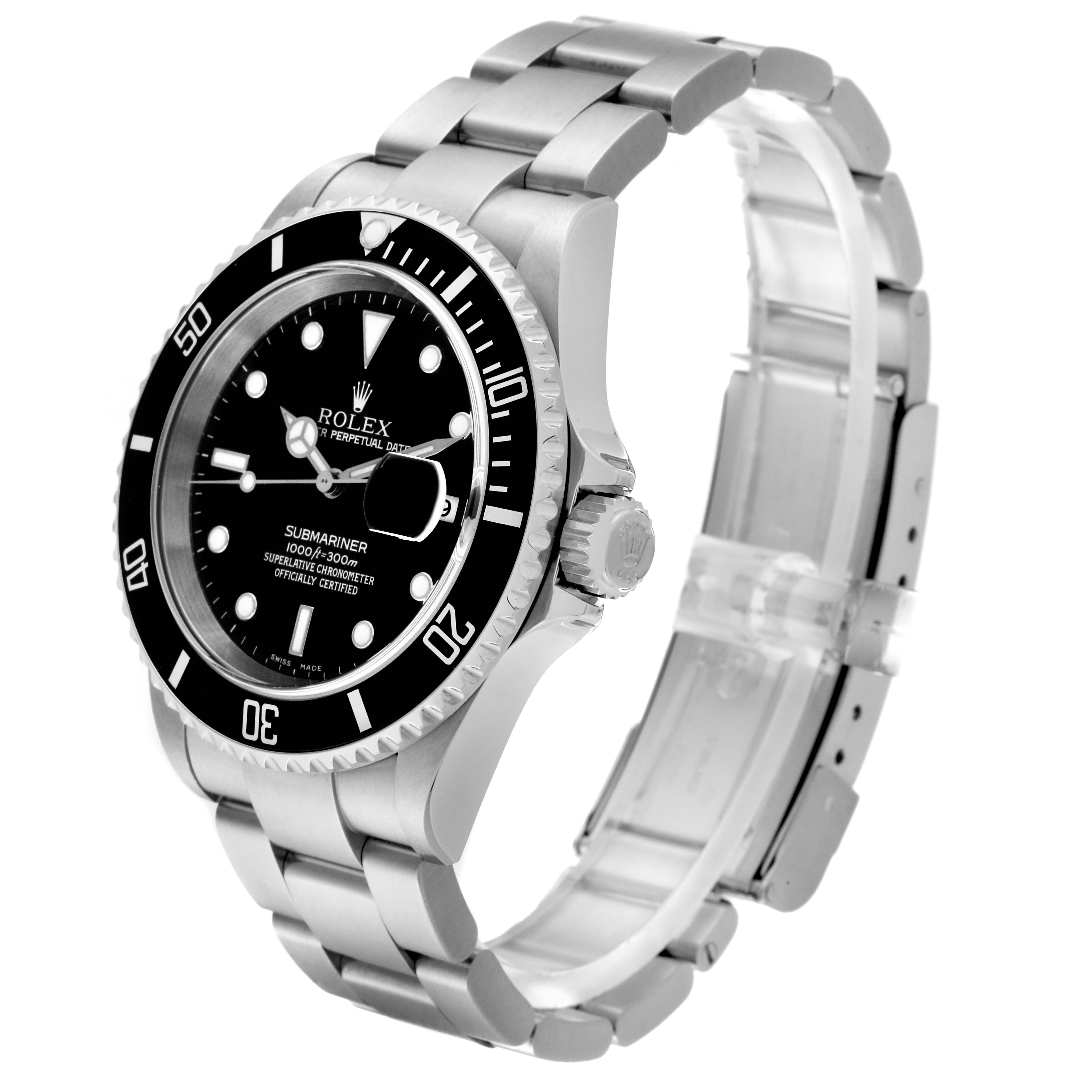 This image shows a side angle of a Rolex Submariner 16610 Men's Stainless Steel Black Dial 16610 Men's Stainless Steel Black Dial, featuring the watch face, bezel, crown, and bracelet.