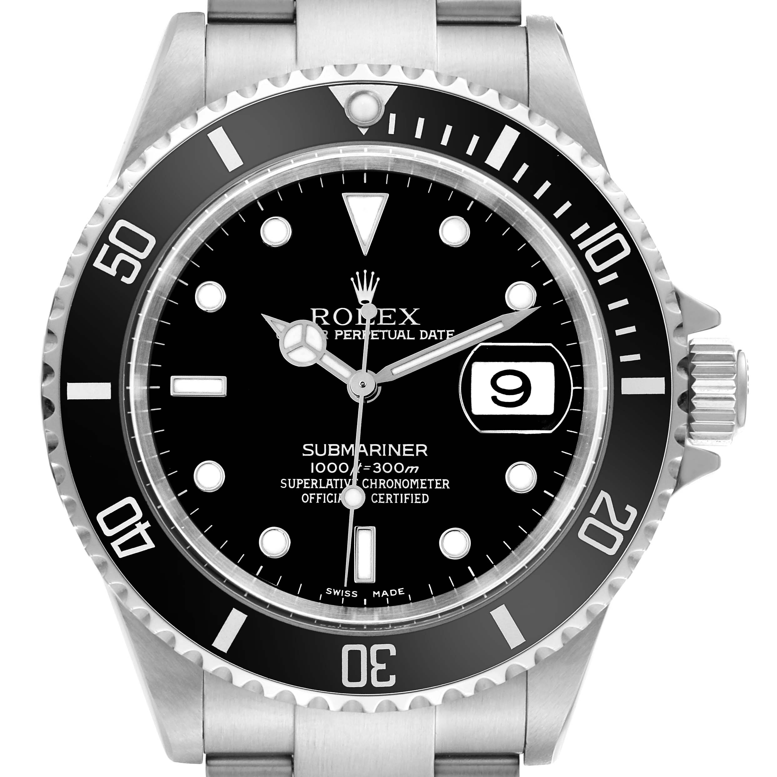 The image shows a frontal view of a Rolex Submariner 16610 Men's Stainless Steel Black Dial 16610 Men's Stainless Steel Black Dial watch, featuring its dial, bezel, and part of the bracelet.