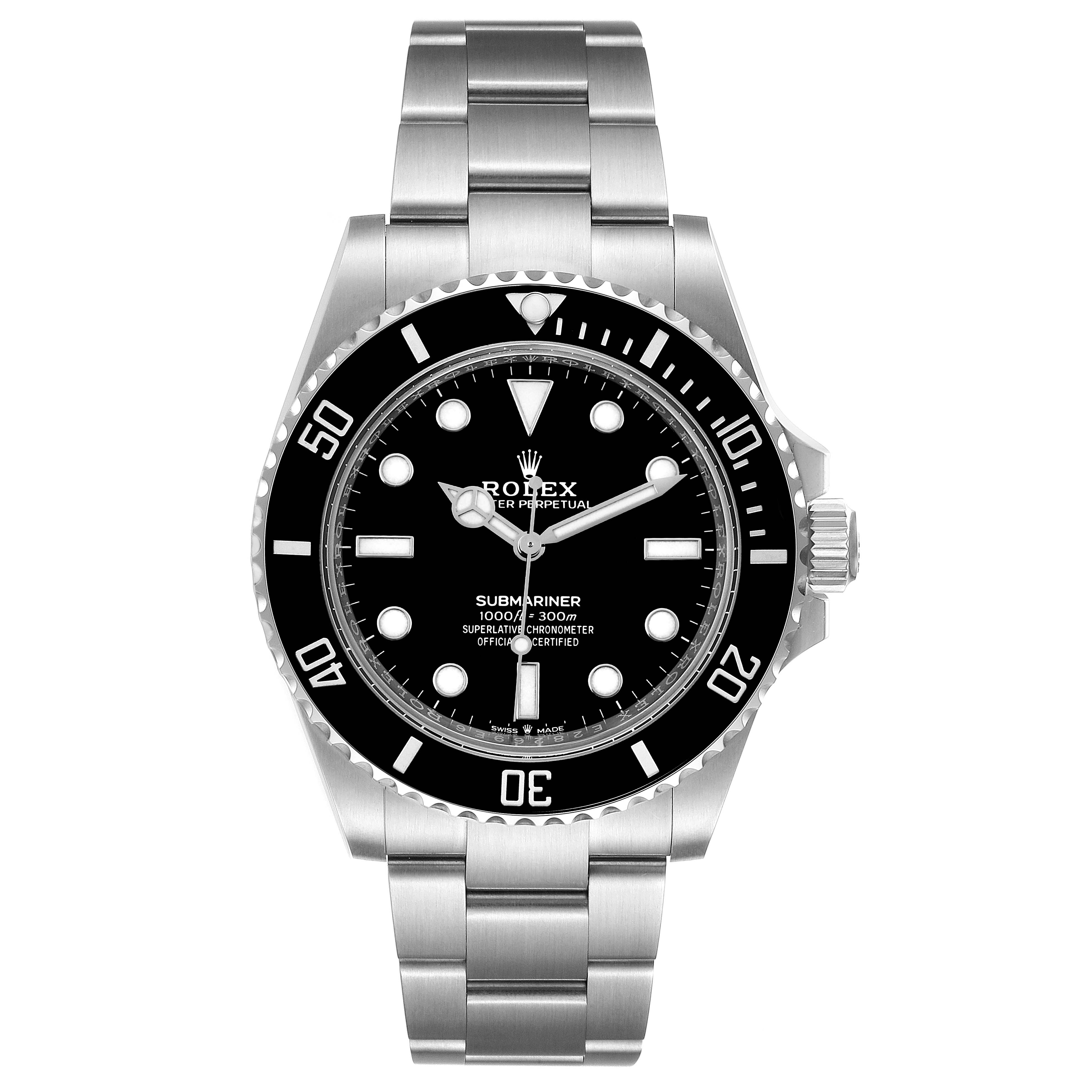 The Rolex Submariner 124060 Men's Stainless Steel Black Dial 124060 Men's Stainless Steel Black Dial is shown from a front angle, displaying its black dial, bezel, and stainless steel bracelet.