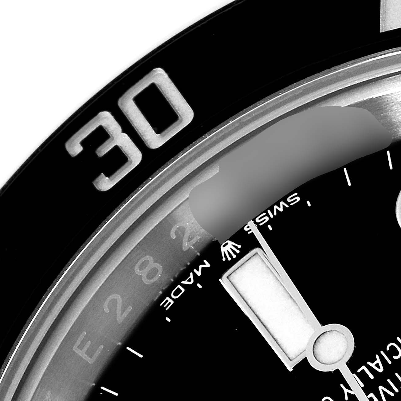 This close-up image displays the bezel's "30" marking and a segment of the dial and hands of the Rolex Submariner 124060 Men's Stainless Steel Black Dial 124060 Men's Stainless Steel Black Dial watch.
