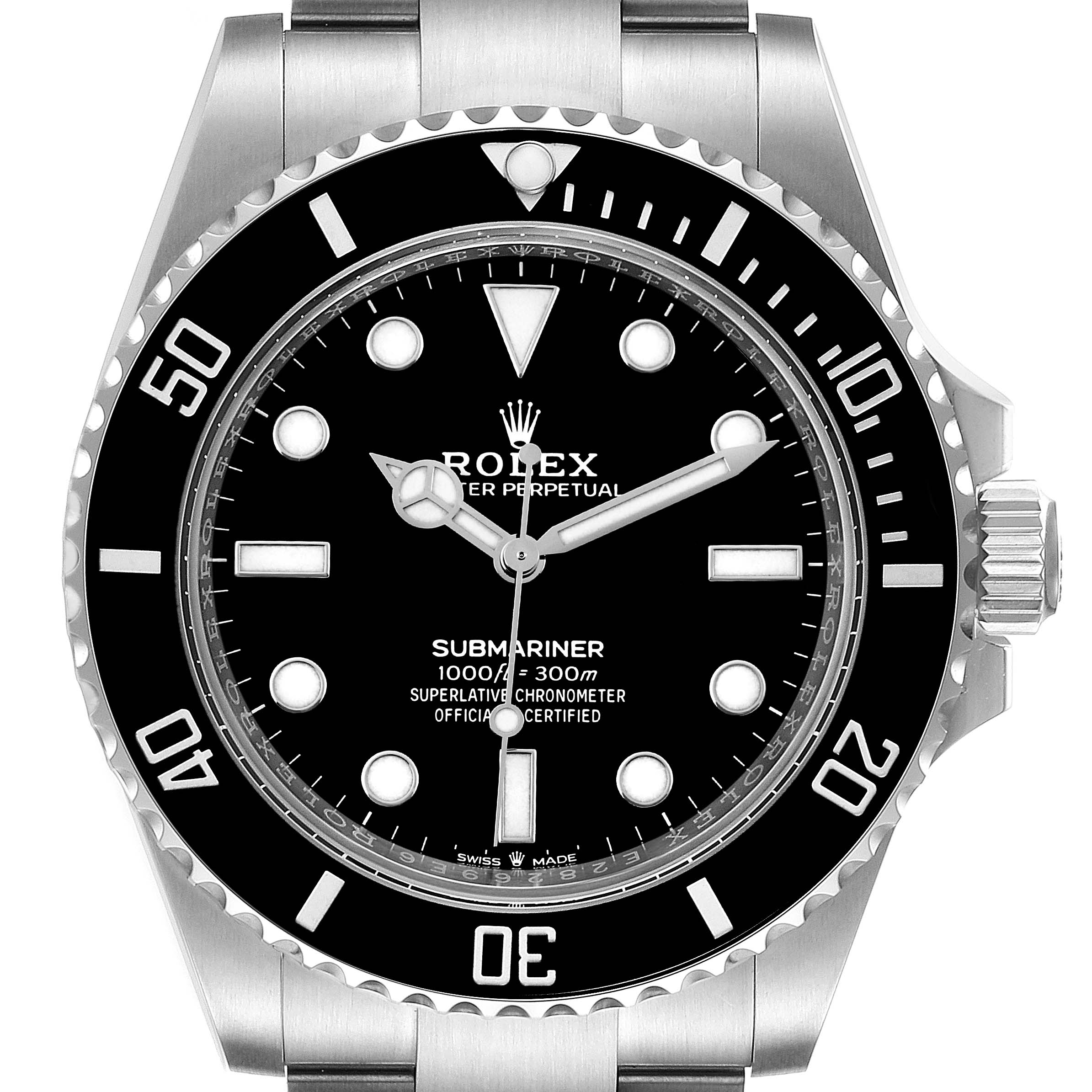 The image shows a front view of a Rolex Submariner 124060 Men's Stainless Steel Black Dial 124060 Men's Stainless Steel Black Dial watch, featuring its dial, bezel, and part of the bracelet.