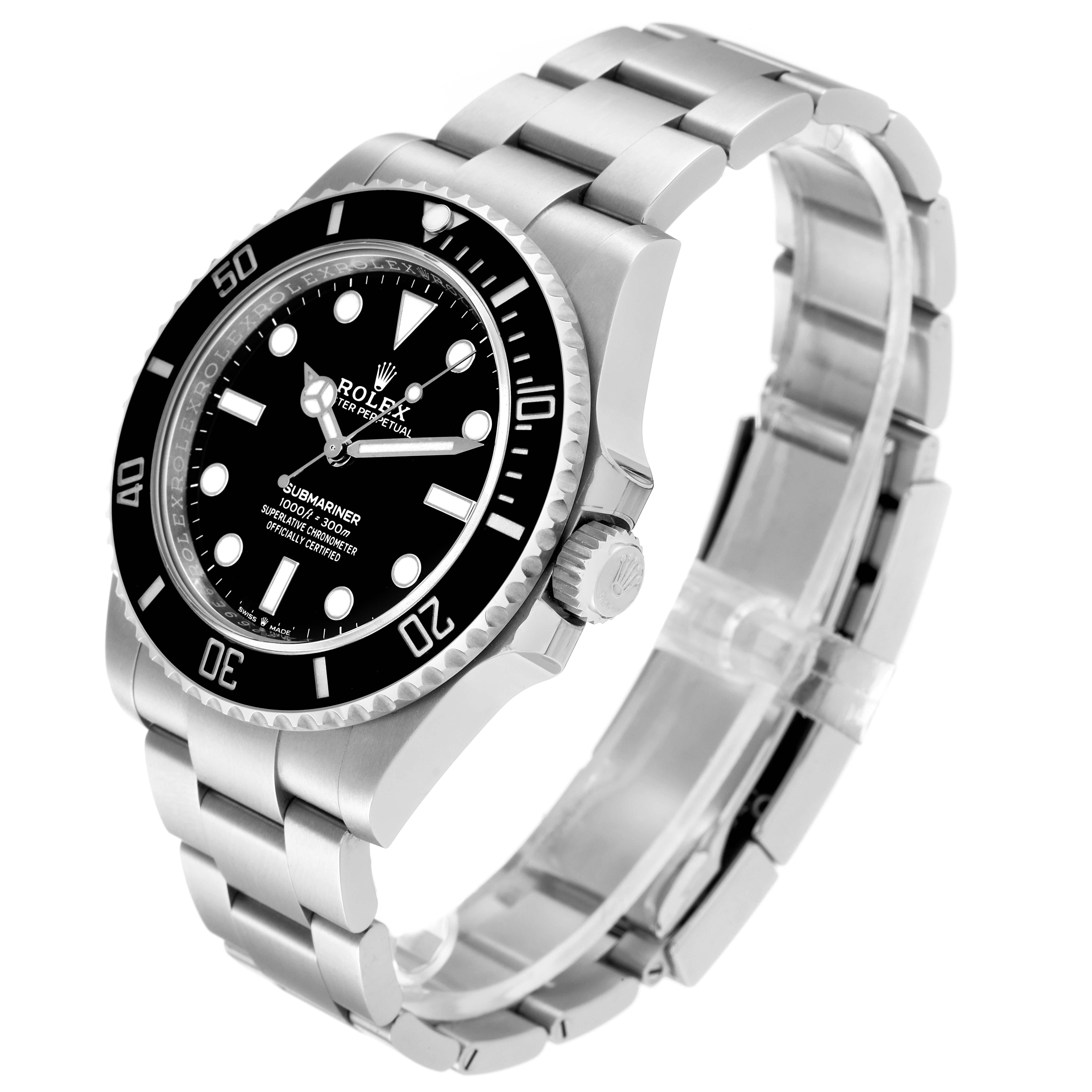 This Rolex Submariner 124060 Men's Stainless Steel Black Dial 124060 Men's Stainless Steel Black Dial watch is shown at a three-quarter angle, displaying its face, bezel, crown, and stainless steel bracelet.