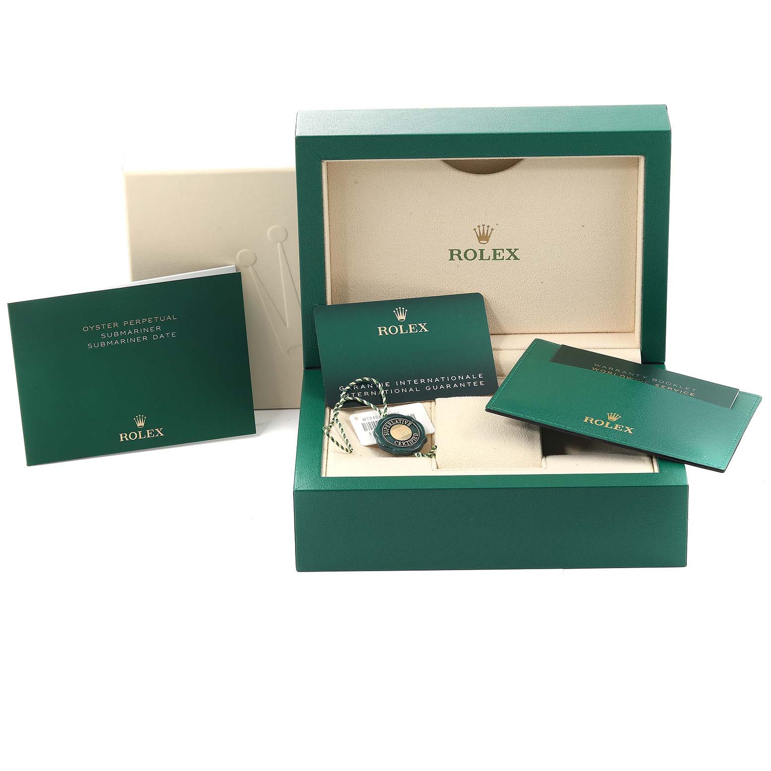 This image shows the packaging of a Rolex Submariner 124060 Men's Stainless Steel Black Dial 124060 Men's Stainless Steel Black Dial watch, including the box, manuals, and warranty card.