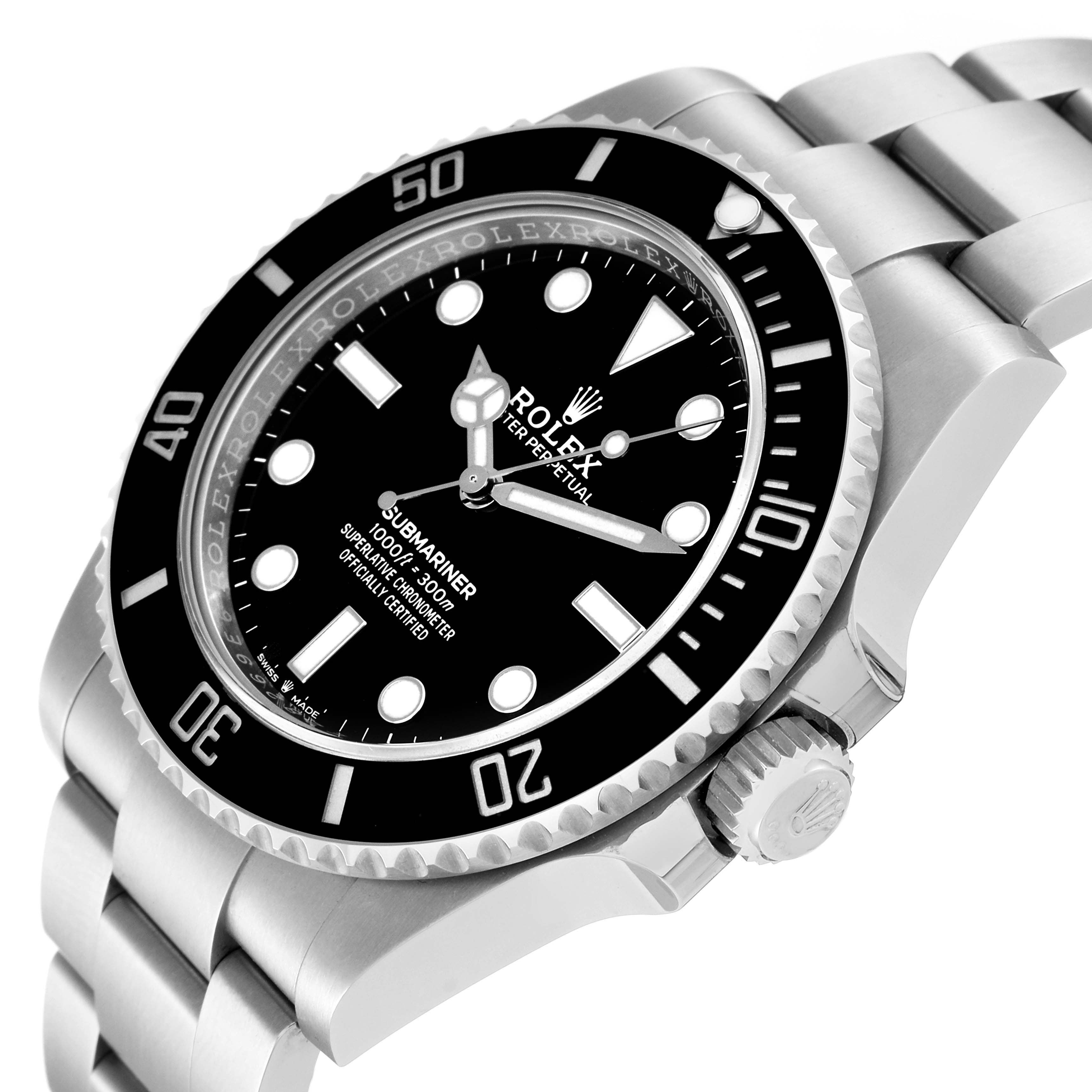 This image shows a close-up side angle of a Rolex Submariner 124060 Men's Stainless Steel Black Dial 124060 Men's Stainless Steel Black Dial watch, highlighting the face, bezel, crown, and bracelet.