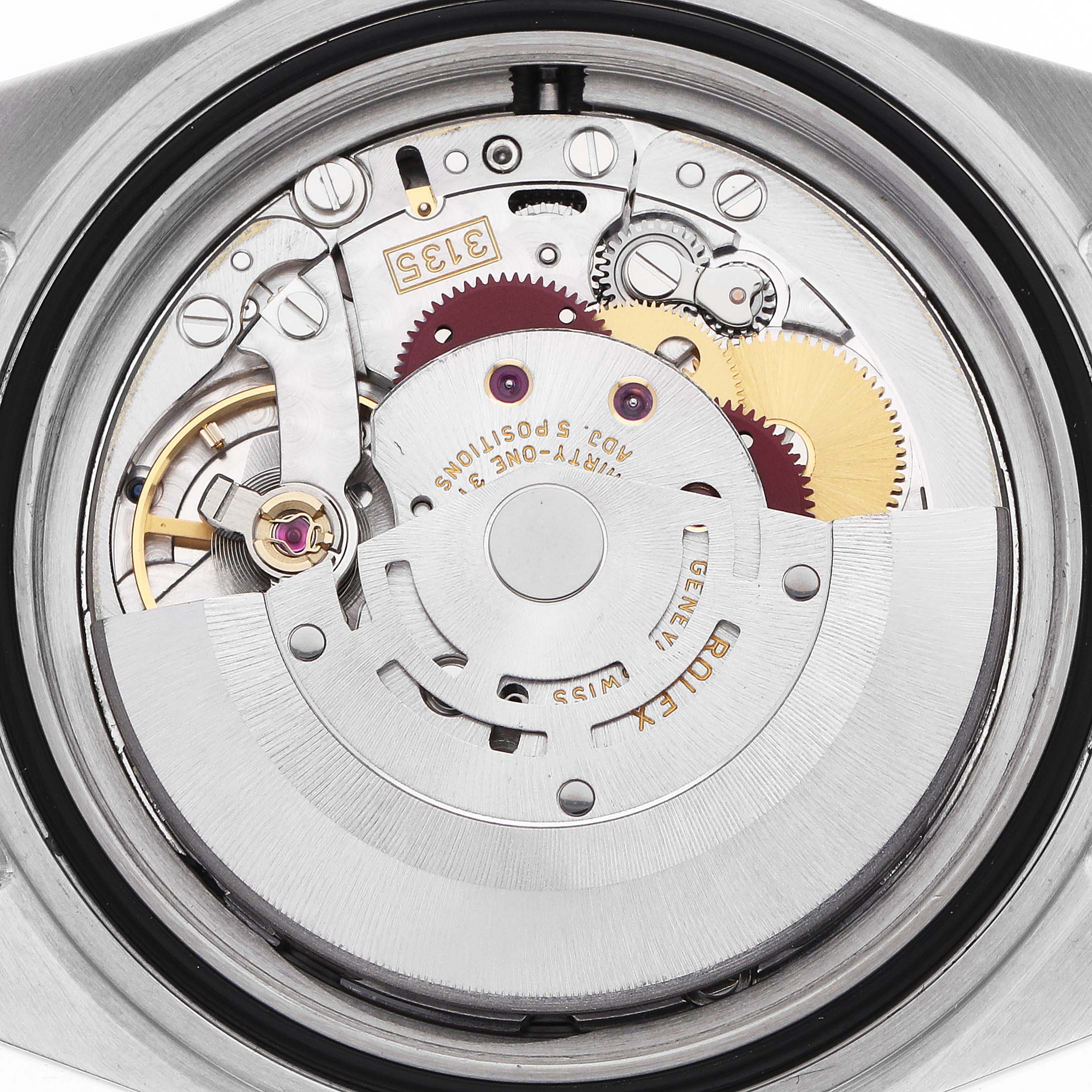 The image shows the movement of a Rolex Submariner 16613 Men
s Steel and Gold (two tone) Blue Dial watch viewed from the back, displaying gears and mechanical components.