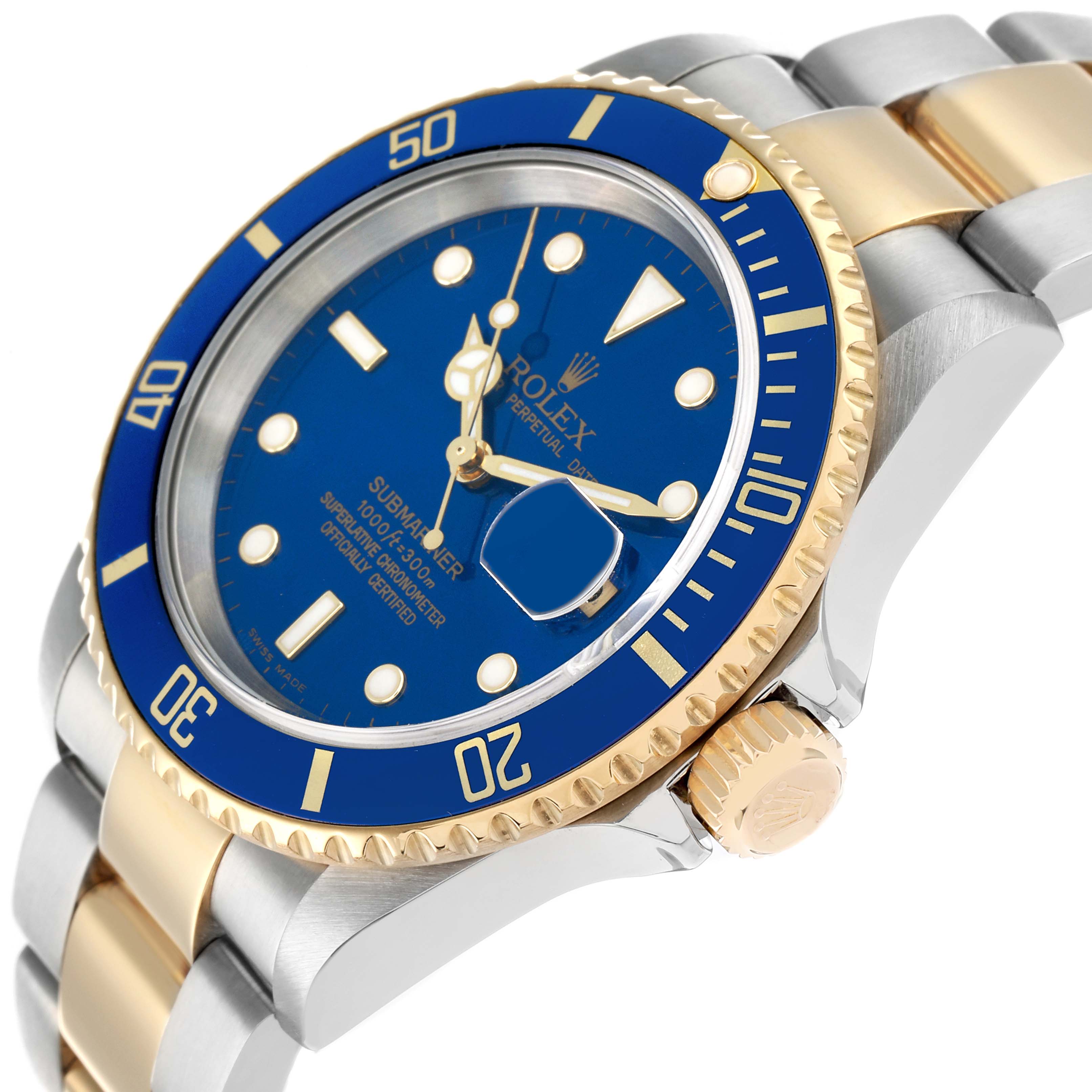 The Rolex Submariner 16613 Men
s Steel and Gold (two tone) Blue Dial watch is shown at an angled side view, highlighting the blue dial, bezel, and two-tone bracelet.
