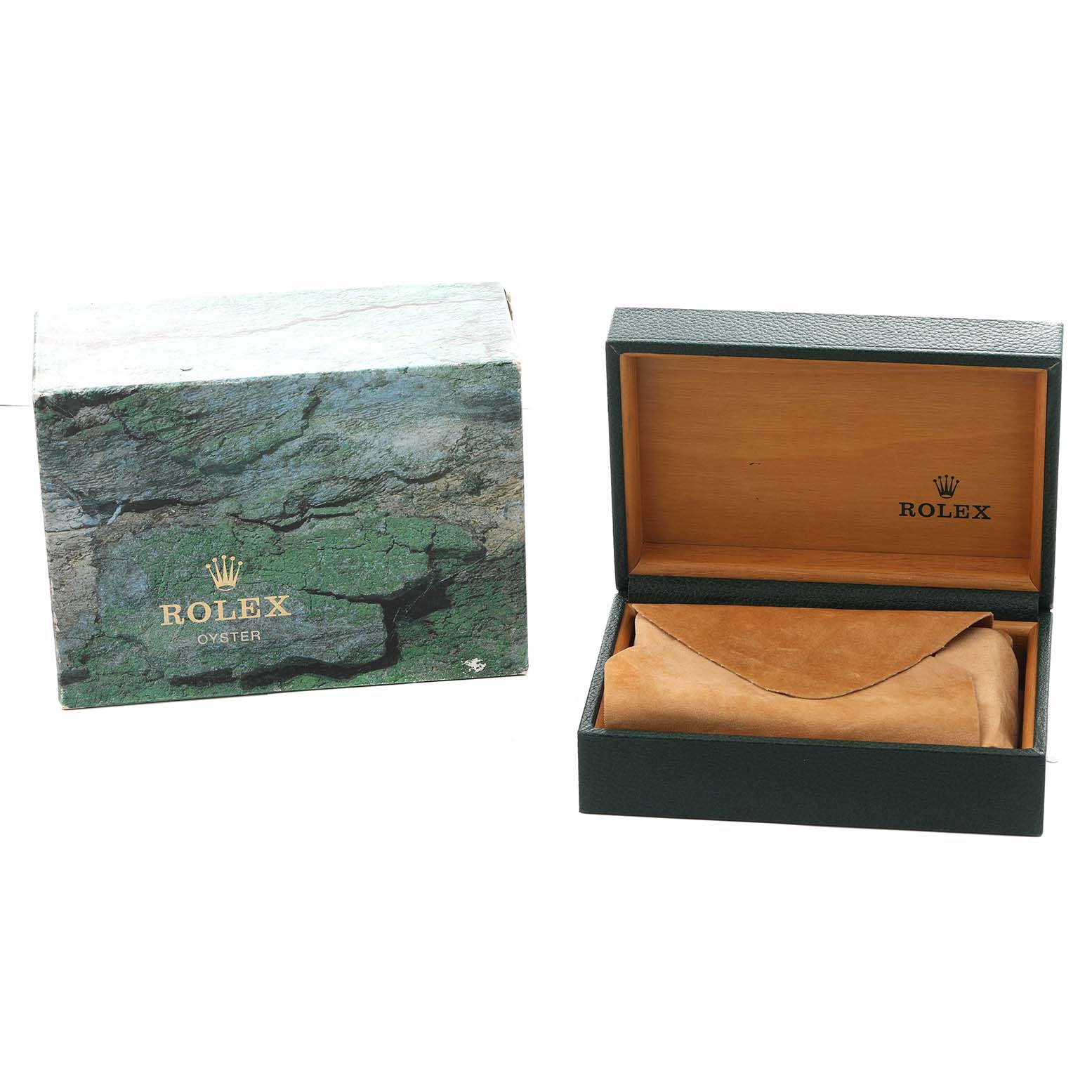 The image shows a Rolex Submariner 16613 Men
s Steel and Gold (two tone) Blue Dial watch box and outer packaging, with the box open and a suede-like pouch inside.