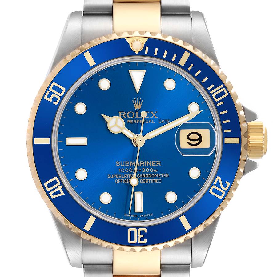 The Rolex Submariner 16613 Men's Steel and Gold (two tone) Blue Dial watch is shown from the front, highlighting the blue dial, two-tone bracelet, bezel, and date window.