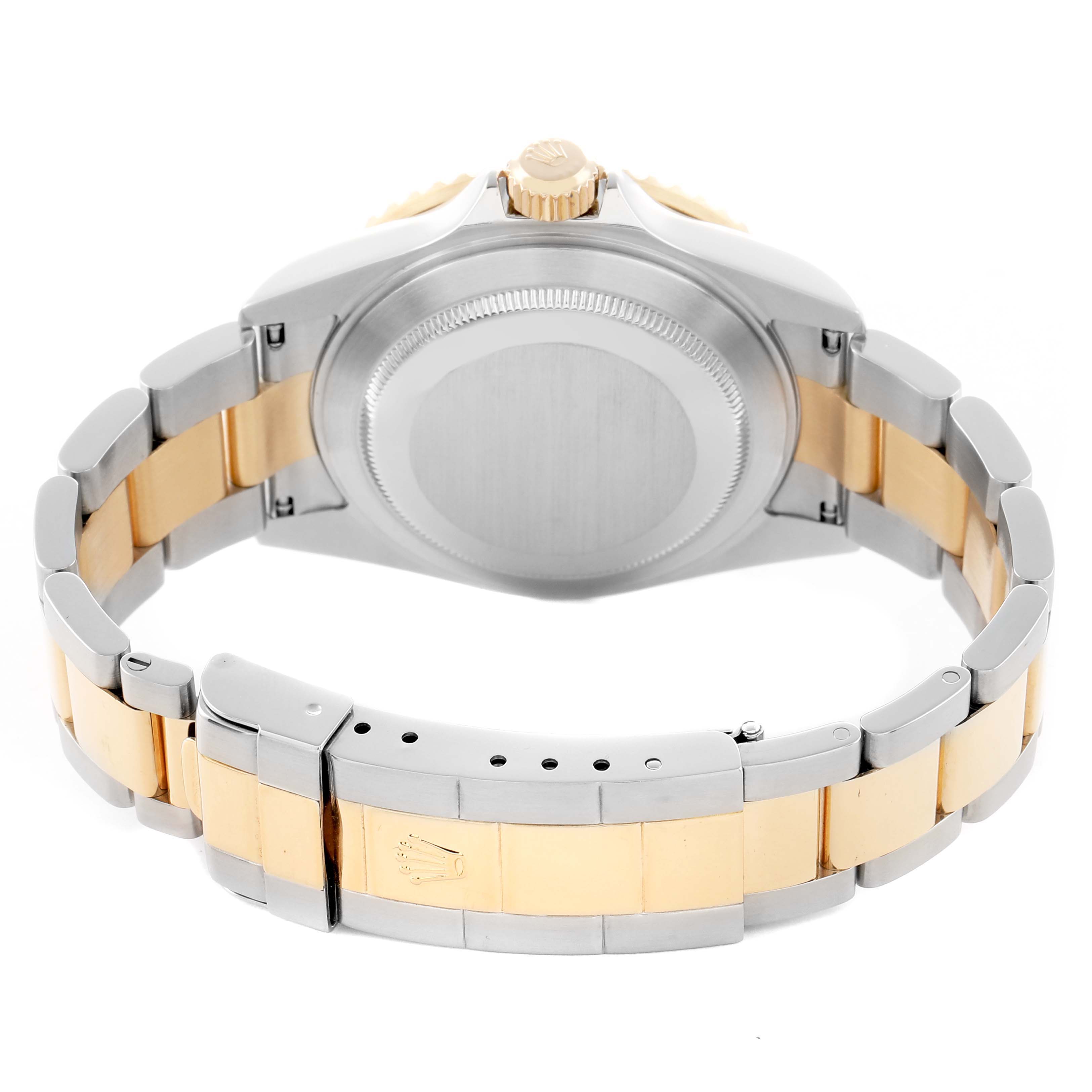 The image shows the back view of a Rolex Submariner 16613 Men
s Steel and Gold (two tone) Blue Dial, highlighting the case back and two-tone bracelet with a clasp.