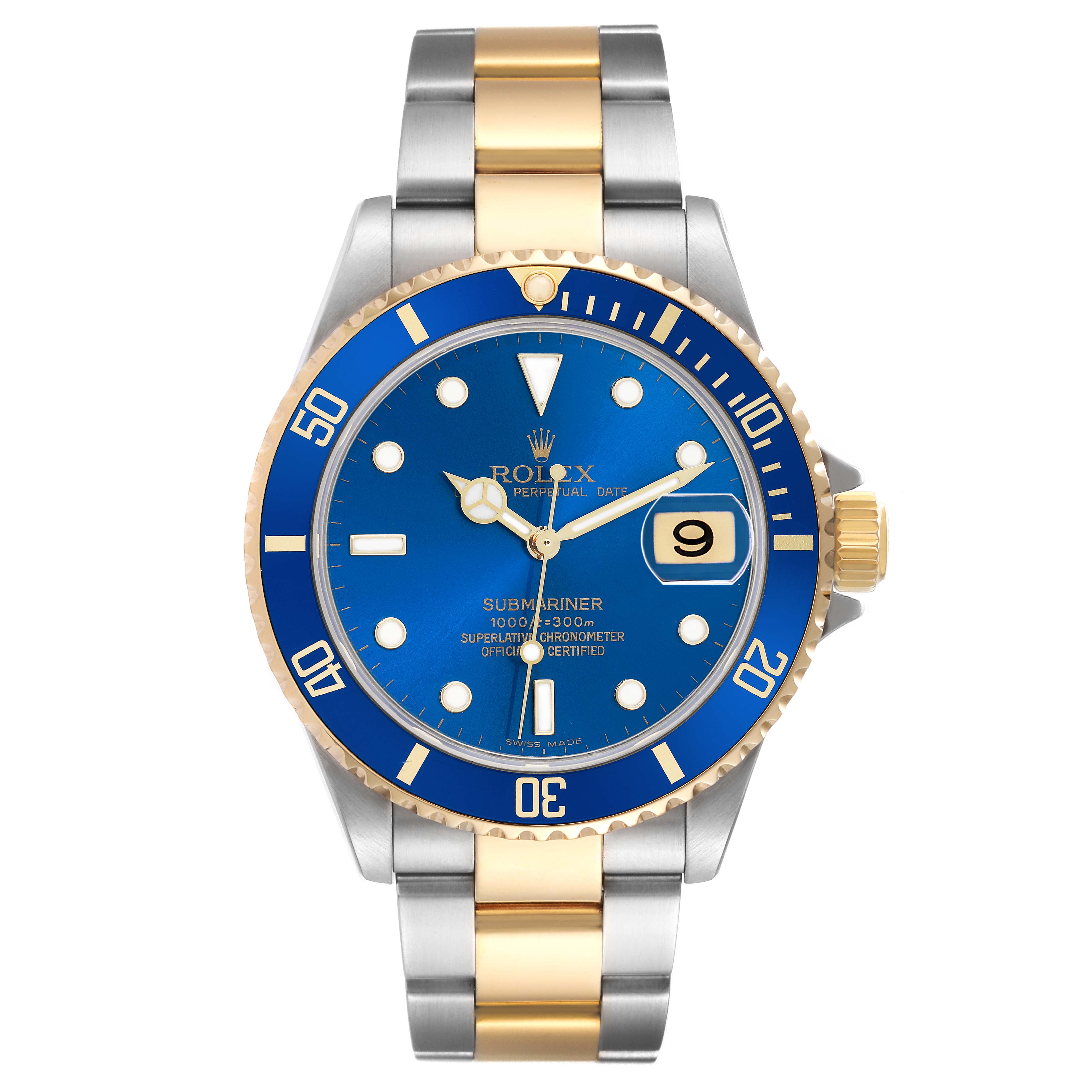 The Rolex Submariner 16613 Men
s Steel and Gold (two tone) Blue Dial watch is shown from a top-down angle, displaying the dial, bezel, and two-tone bracelet.