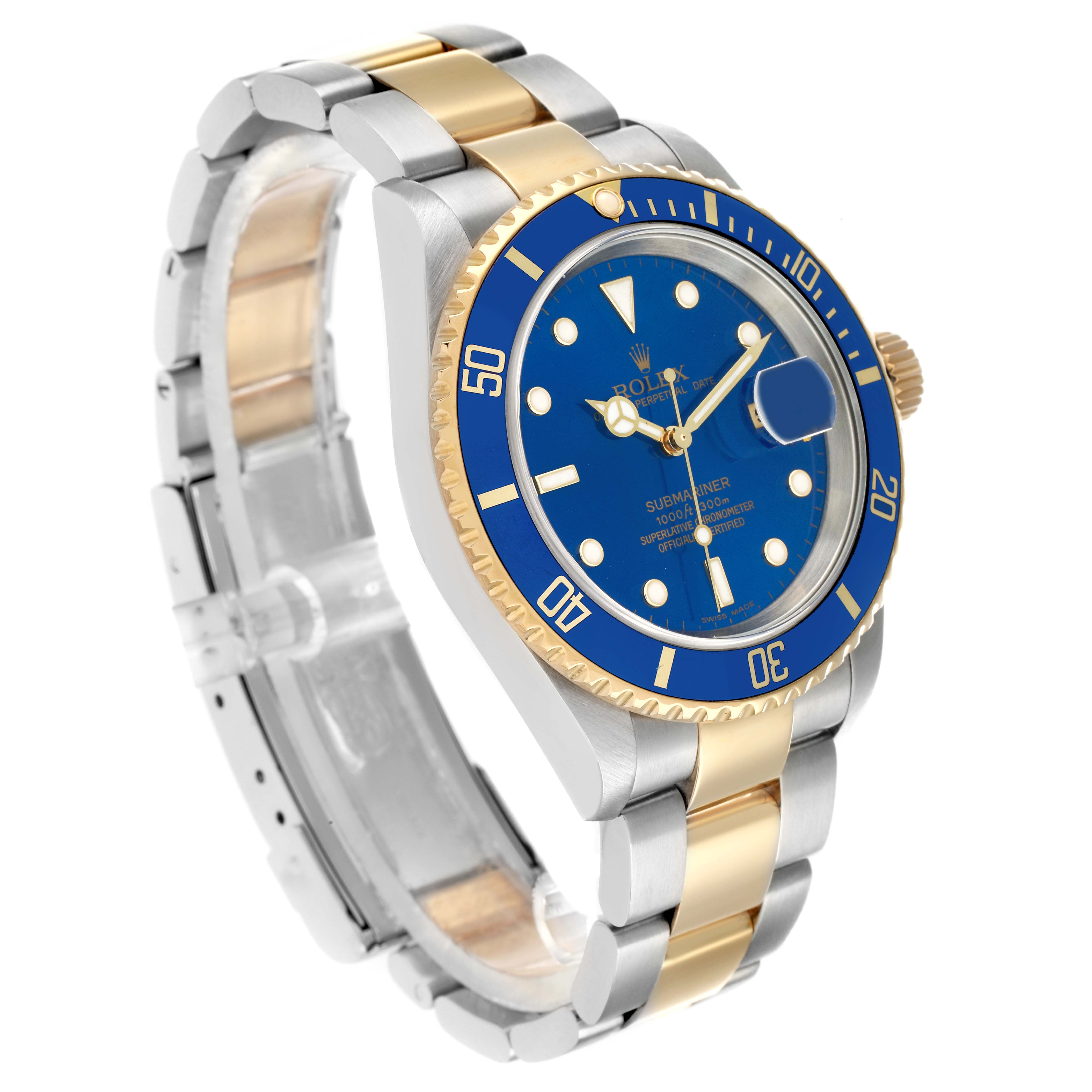 The Rolex Submariner 16613 Men
s Steel and Gold (two tone) Blue Dial watch is shown at a three-quarter angle, highlighting its blue dial, bezel, and two-tone bracelet.