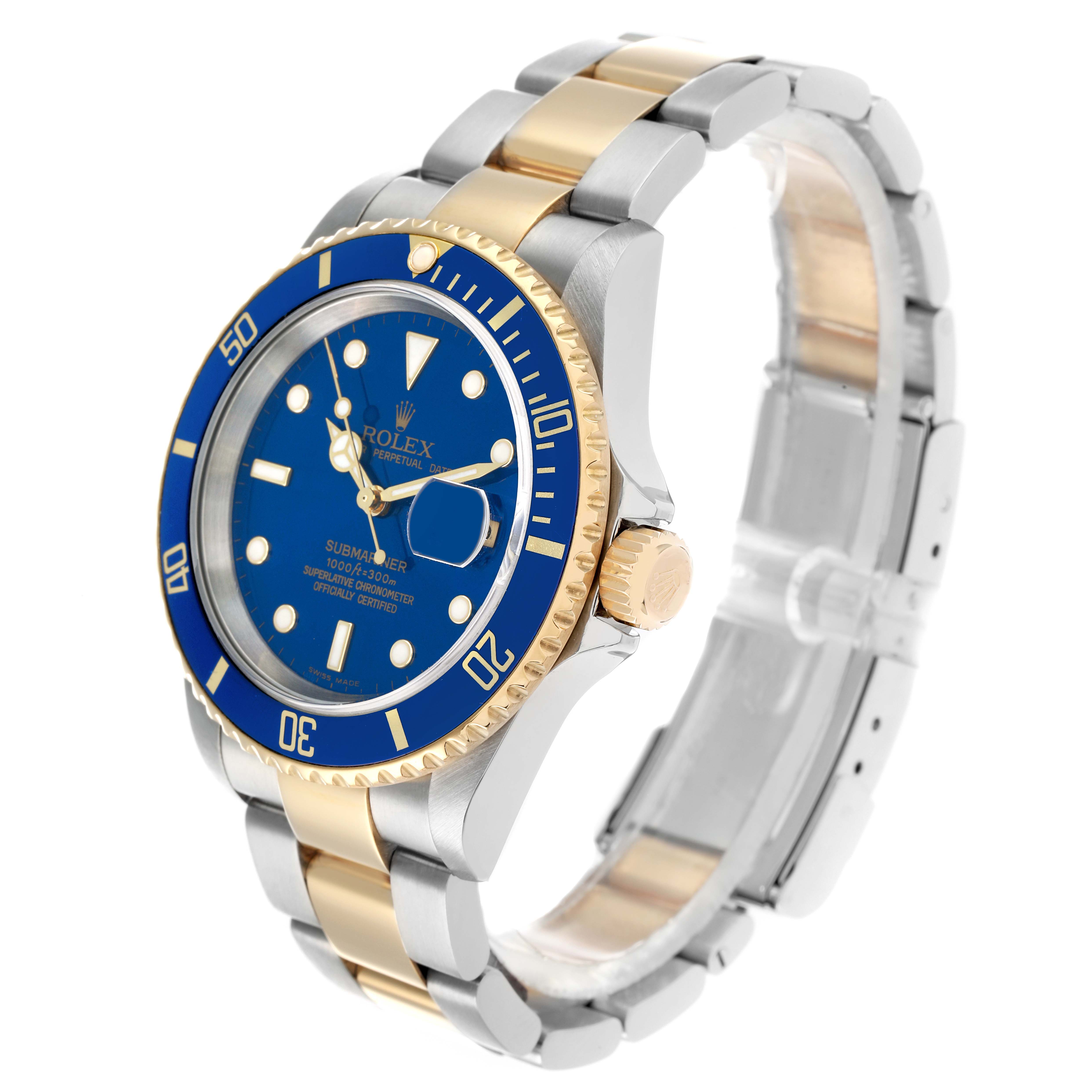 The Rolex Submariner 16613 Men
s Steel and Gold (two tone) Blue Dial is shown at a three-quarter angle, highlighting the blue dial, bezel, and two-tone bracelet.