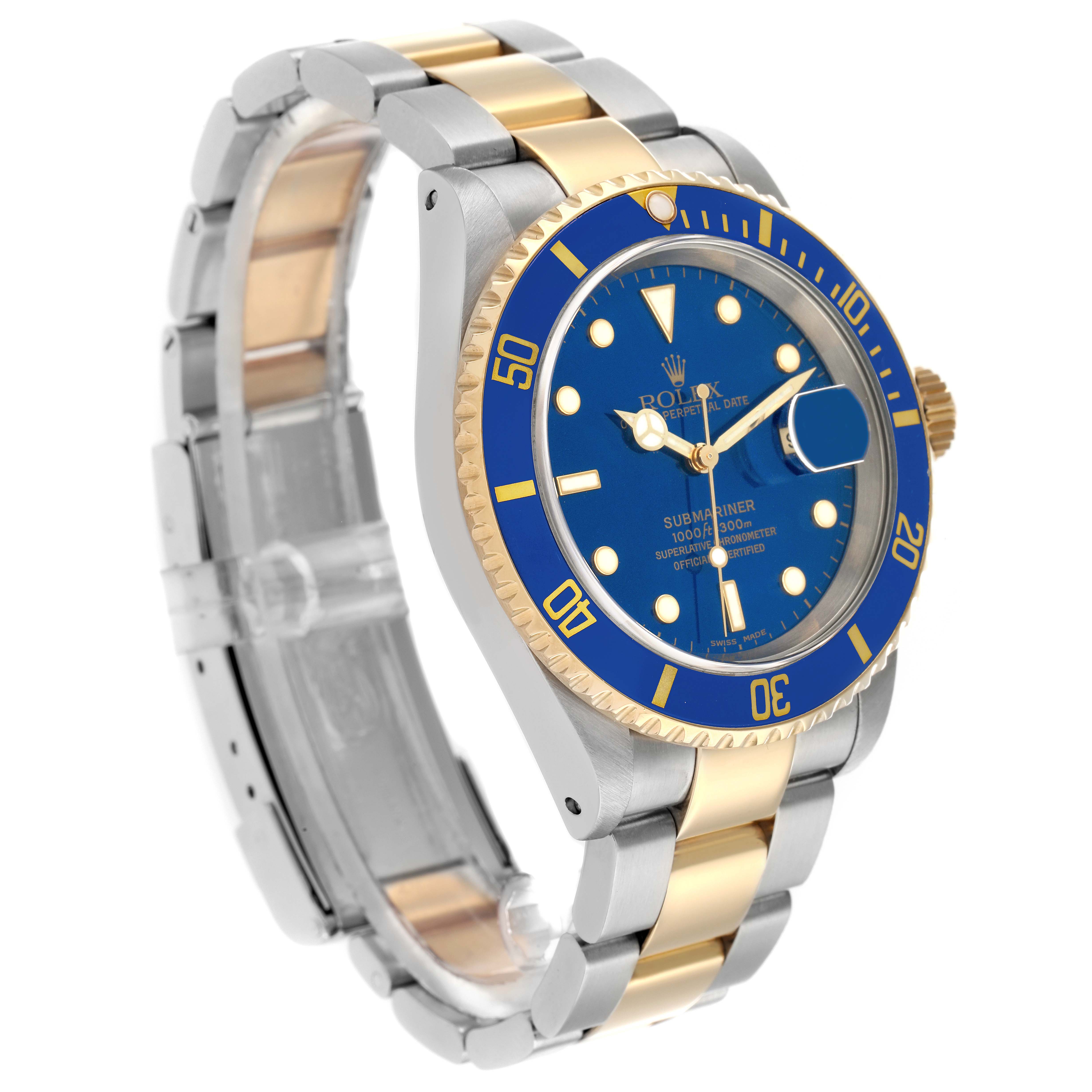 The Rolex Submariner 16613 Men
s Steel and Gold (two tone) Blue Dial is shown at an angled view, highlighting its blue dial, bezel, and two-tone bracelet.