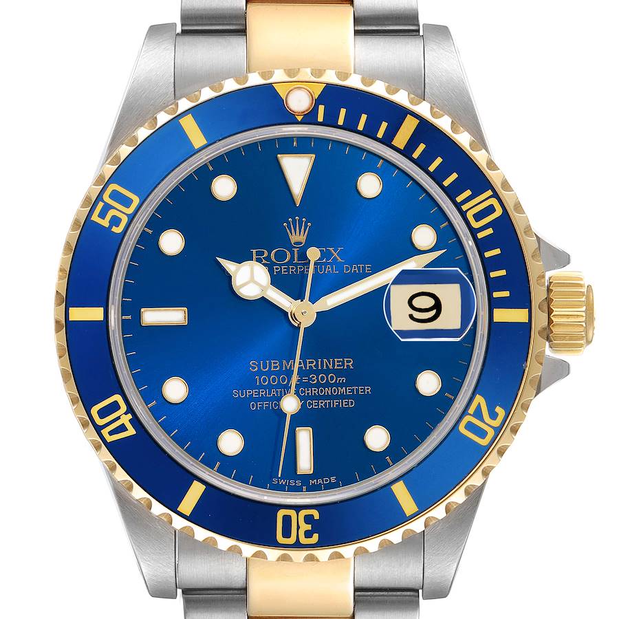 The Rolex Submariner 16613 Men's Steel and Gold (two tone) Blue Dial watch is shown from a front angle, highlighting the blue dial, bezel, and two-tone bracelet.