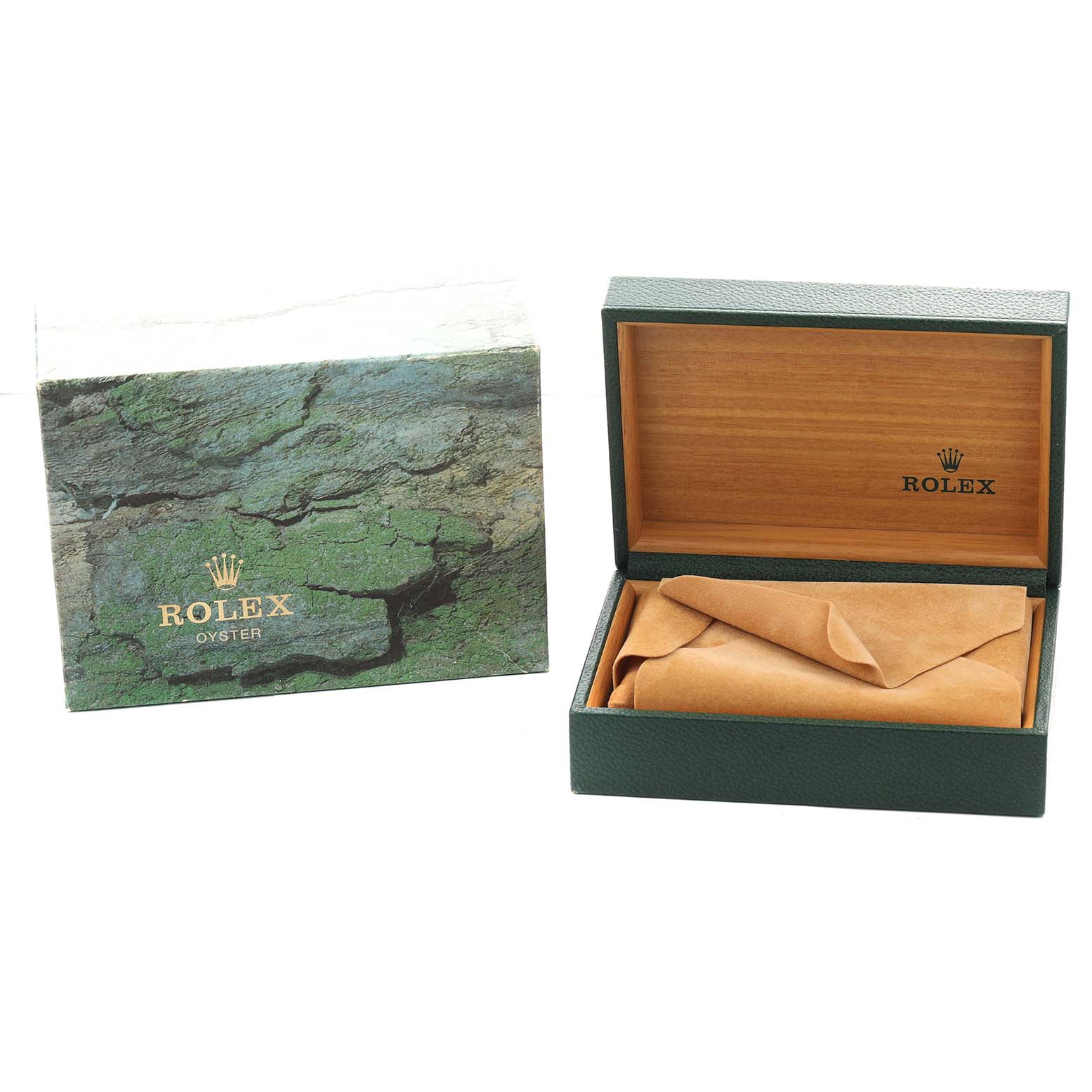 The image shows a Rolex Submariner 16613 Men
s Steel and Gold (two tone) Blue Dial box at an angle, revealing both the outer protective sleeve and the inner watch case, which is open.