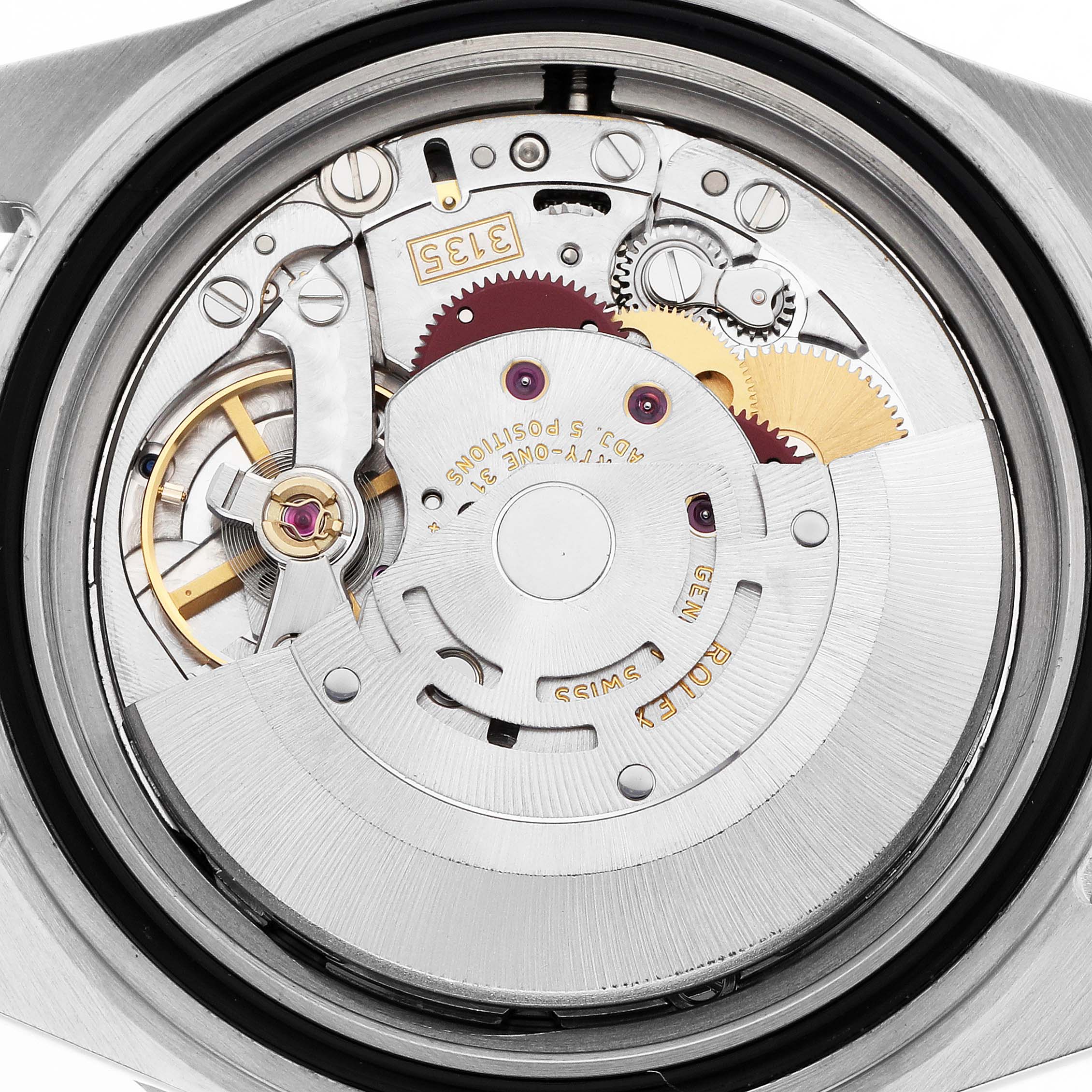 The image shows a close-up view of the Rolex Submariner 16613 Men
s Steel and Gold (two tone) Blue Dial
s movement with gears and mechanisms exposed.