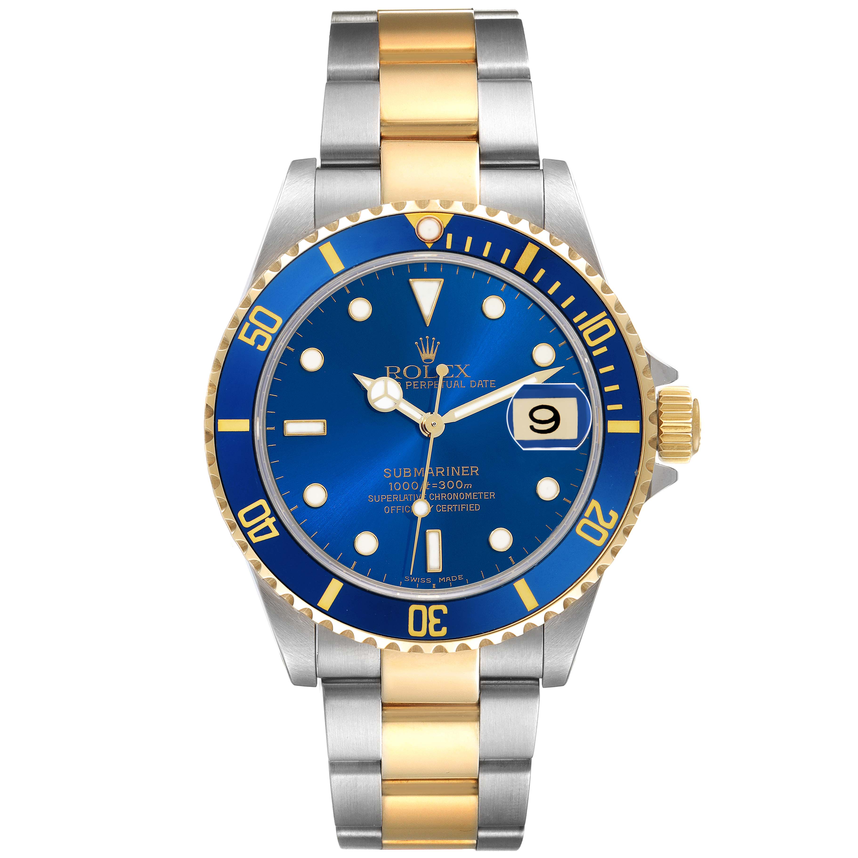 The Rolex Submariner 16613 Men
s Steel and Gold (two tone) Blue Dial is shown from a top-down angle highlighting its dial, bezel, and bracelet.