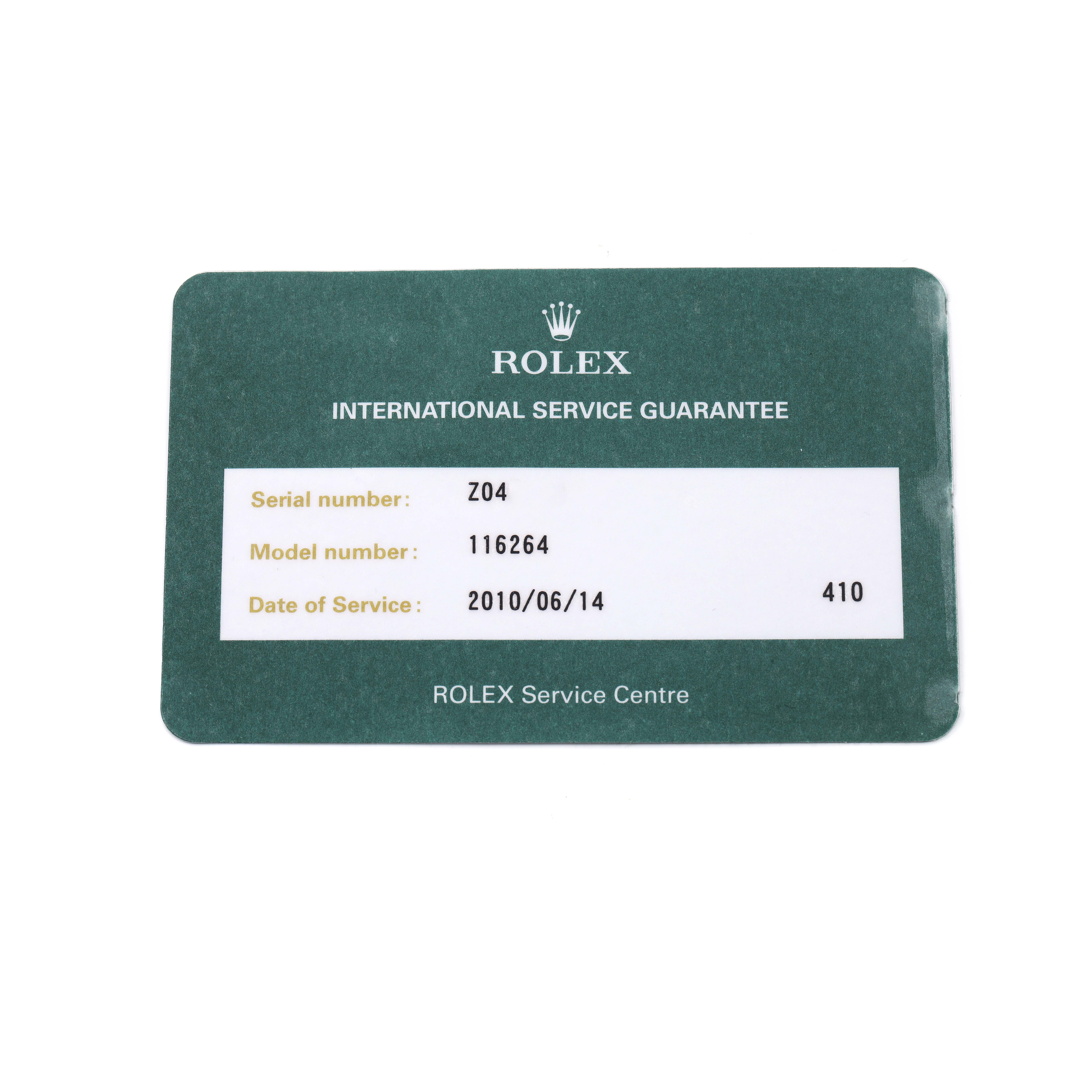 The image shows a Rolex international service guarantee card for the Turn-o-Graph model.