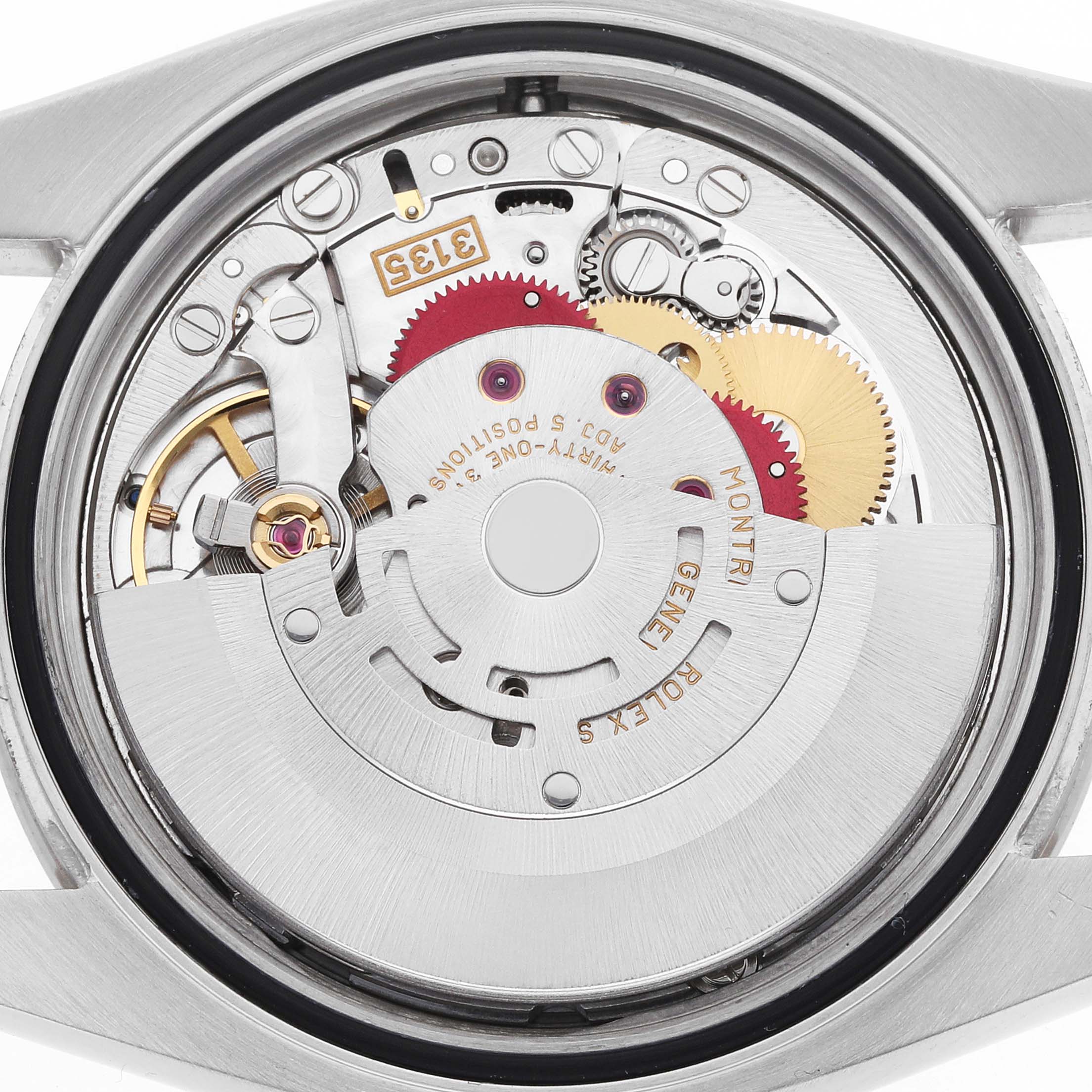 The image shows a detailed view of the Rolex Turn-o-Graph 116264 Men
s Stainless Steel Black Dial
s movement components from the back.
