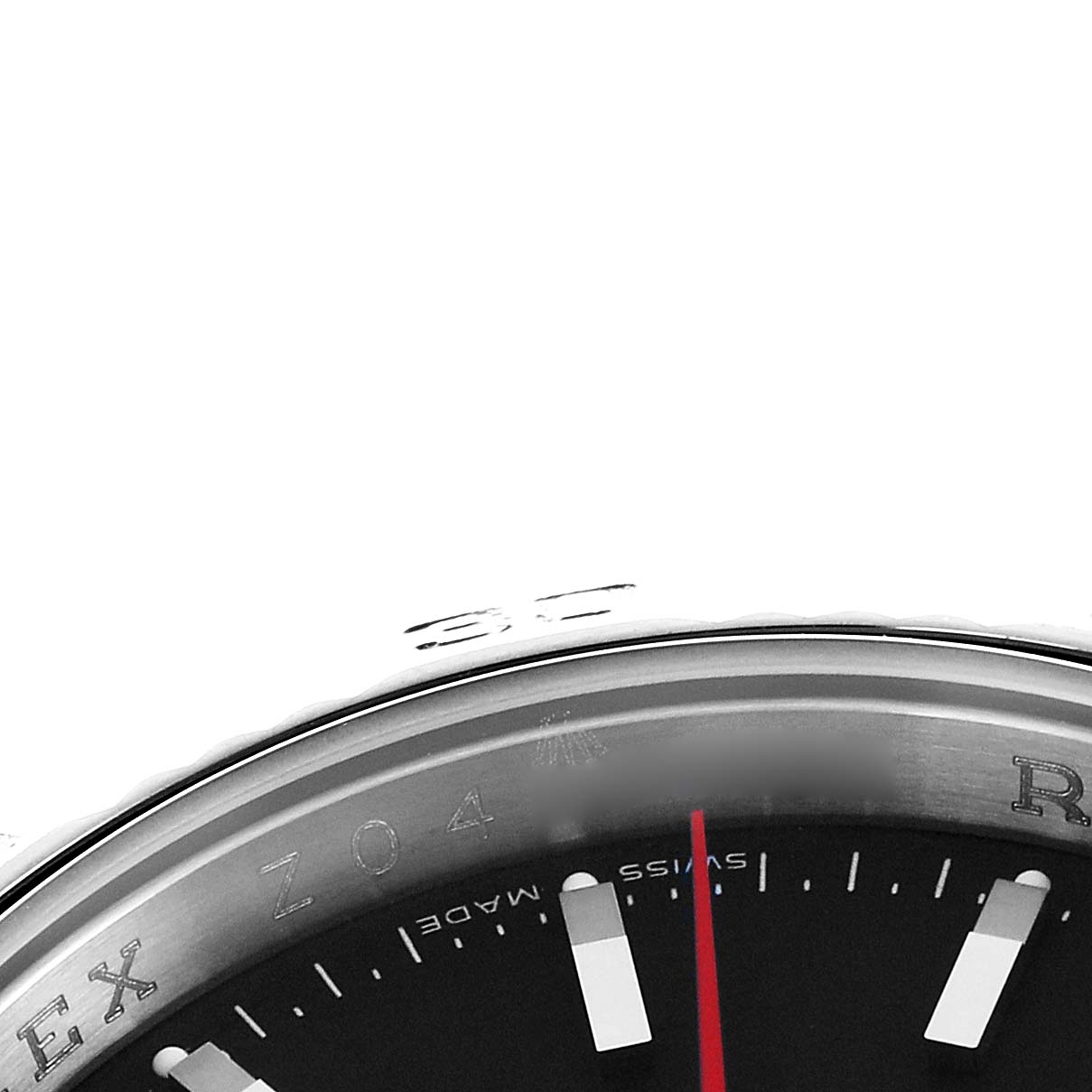 The image shows the upper part of the dial and bezel of a Rolex Turn-o-Graph 116264 Men
s Stainless Steel Black Dial, focusing on the indices and a red seconds hand.