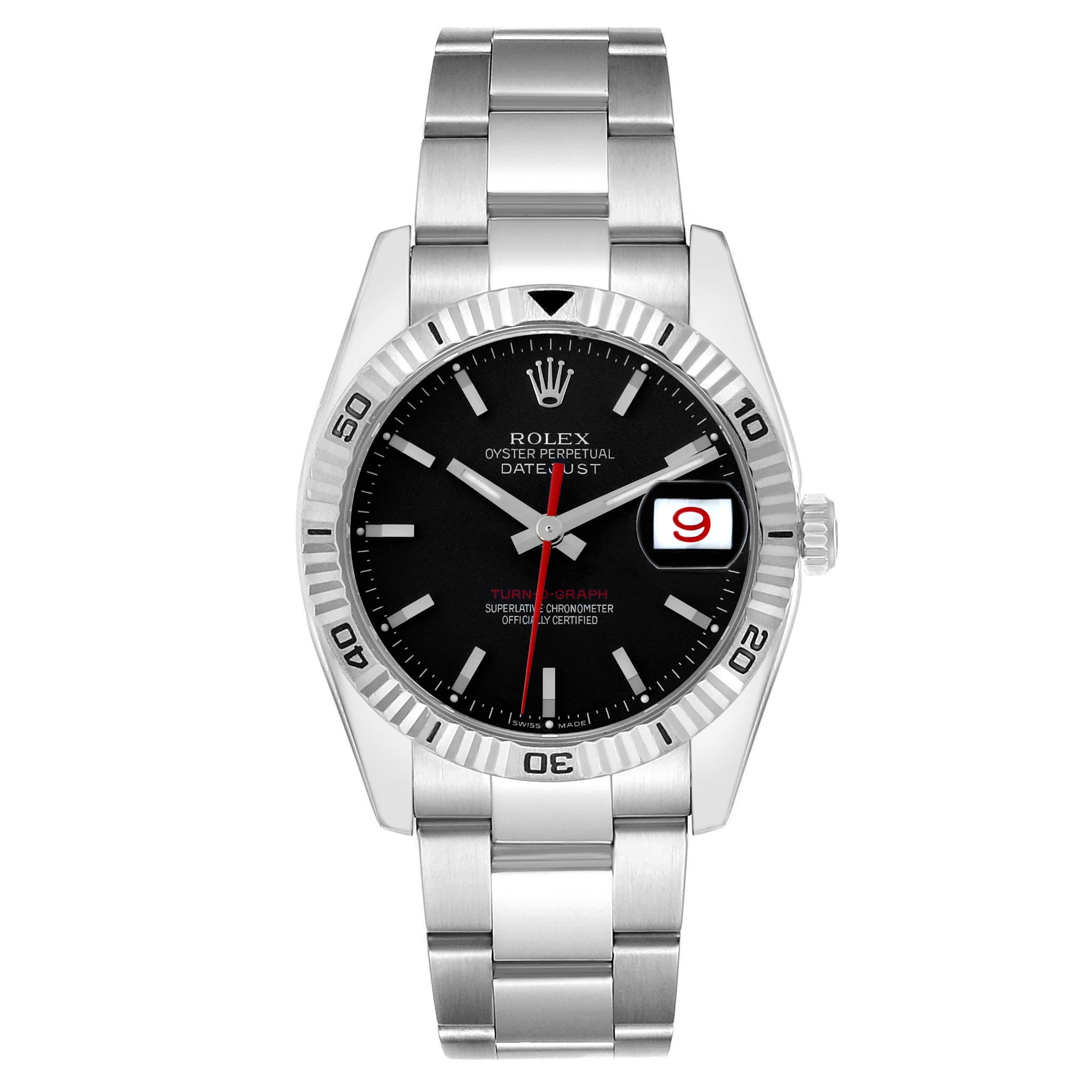 The Rolex Turn-o-Graph 116264 Men
s Stainless Steel Black Dial watch is shown from the front, displaying its black dial, date window, and stainless steel bracelet.