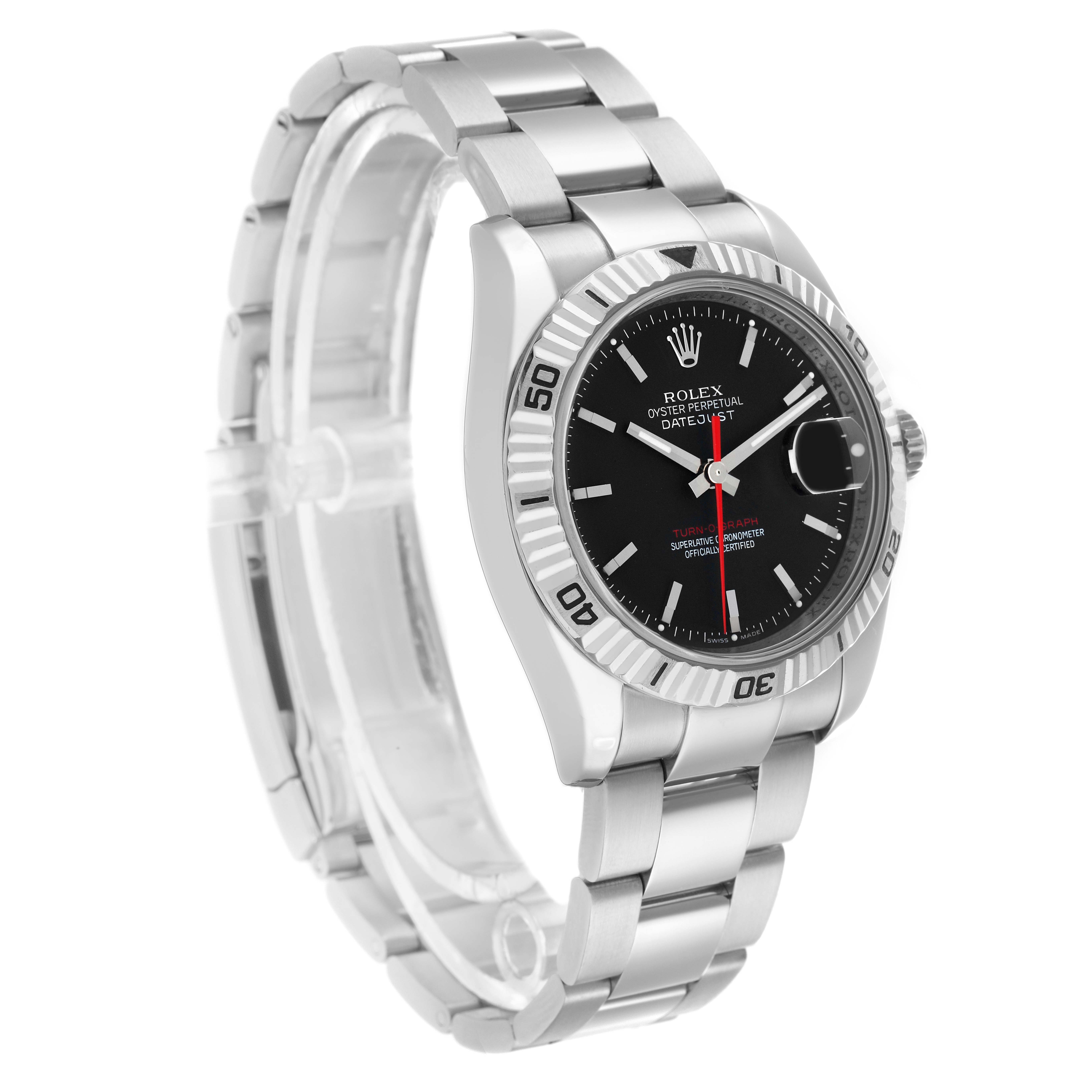 The Rolex Turn-o-Graph 116264 Men
s Stainless Steel Black Dial watch is shown at a three-quarter angle, displaying the face, bezel, and part of the bracelet.