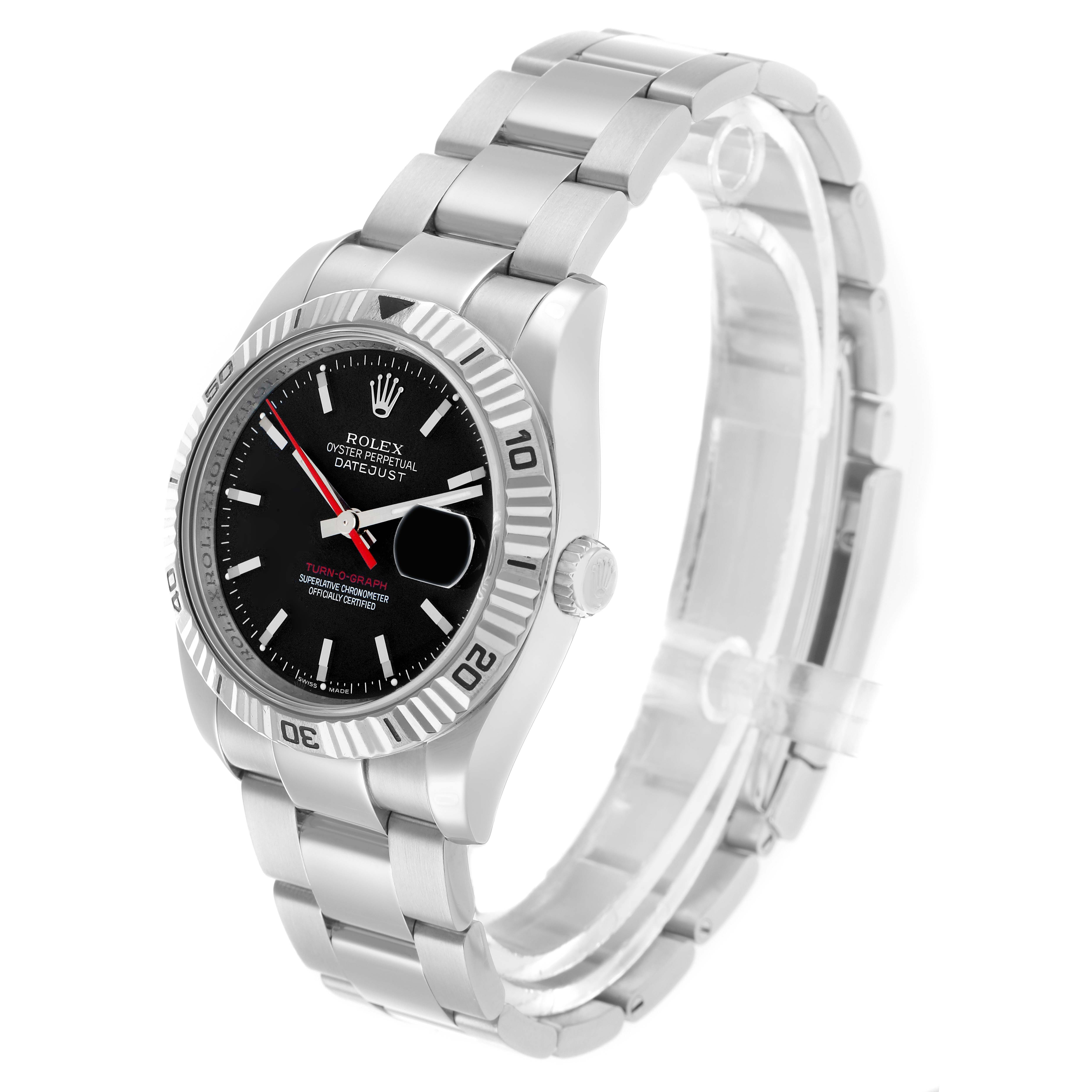 The Rolex Turn-o-Graph 116264 Men
s Stainless Steel Black Dial watch is shown at a slight angle, highlighting the bezel, dial, bracelet, and crown.