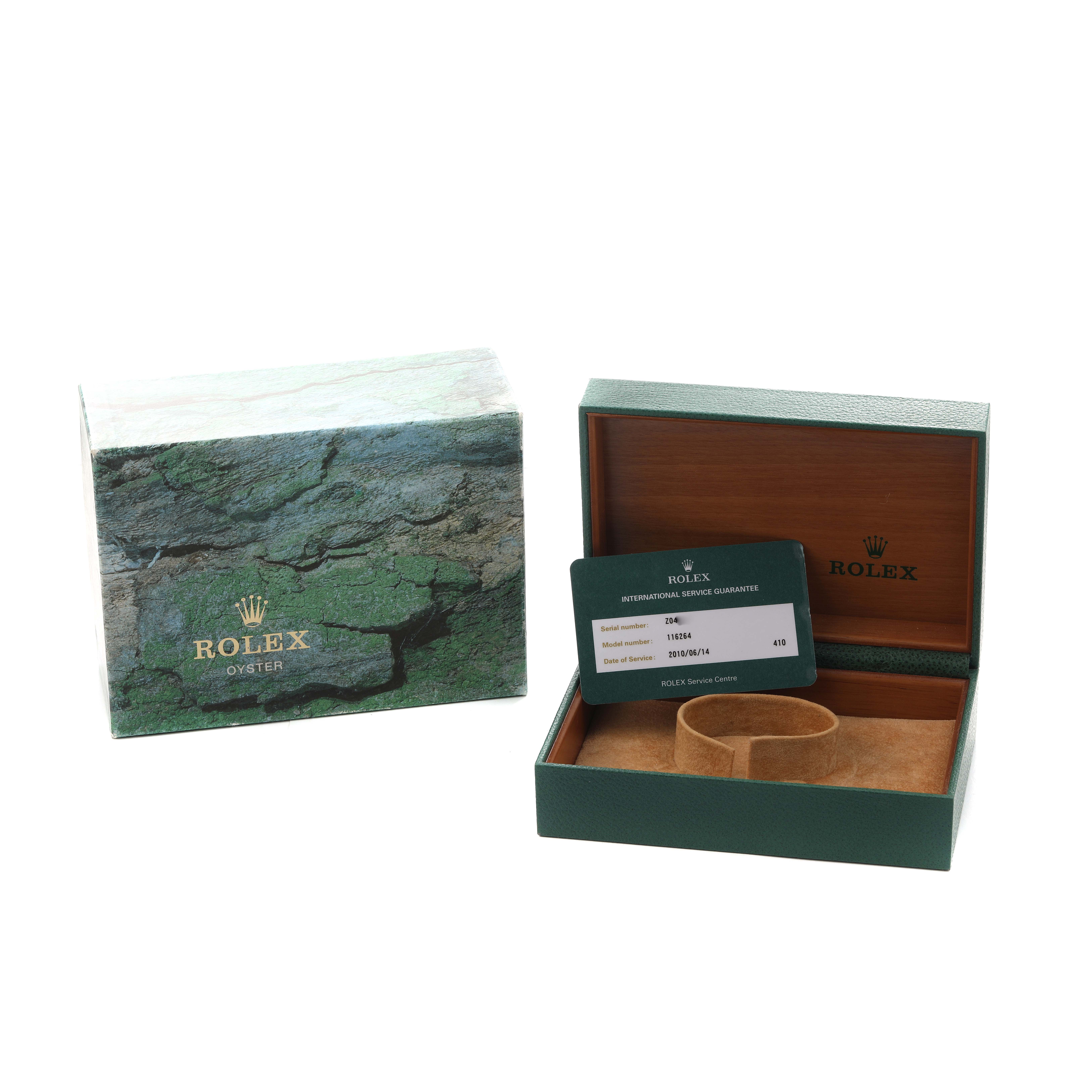 The image shows a Rolex Turn-o-Graph 116264 Men
s Stainless Steel Black Dial box and guarantee card from a frontal angle.