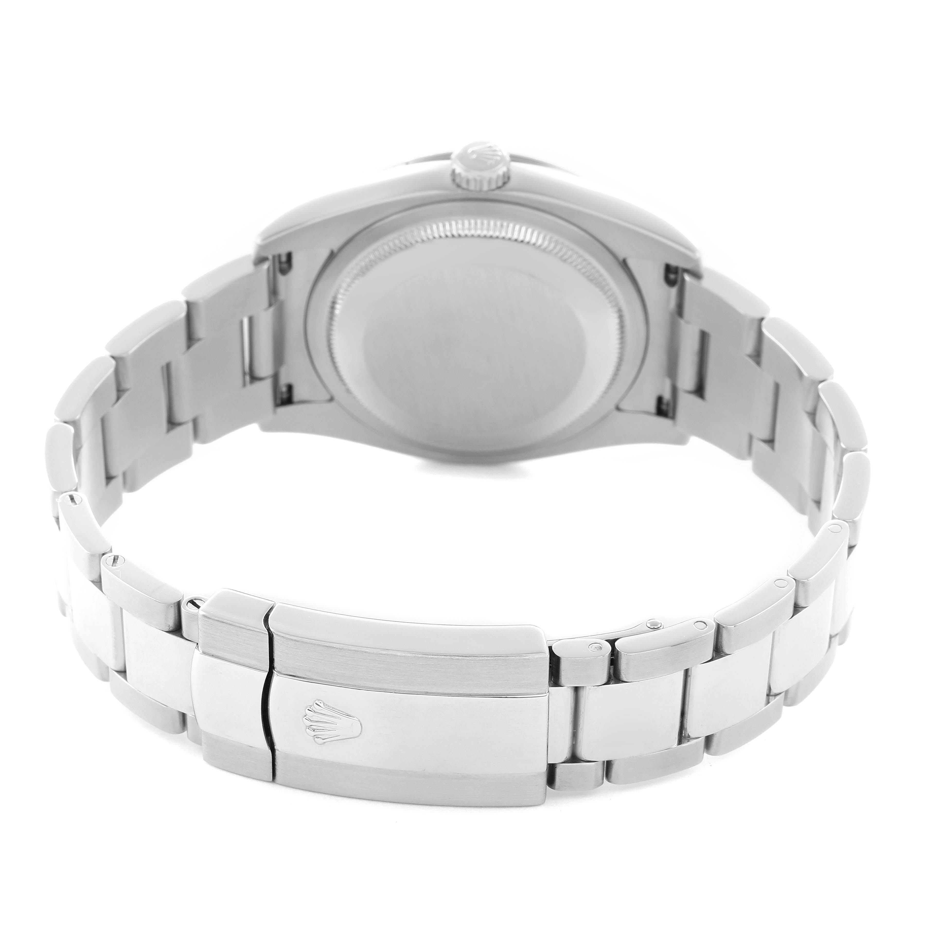 The image shows the back and clasp of a Rolex Turn-o-Graph 116264 Men
s Stainless Steel Black Dial watch, highlighting the bracelet and caseback.