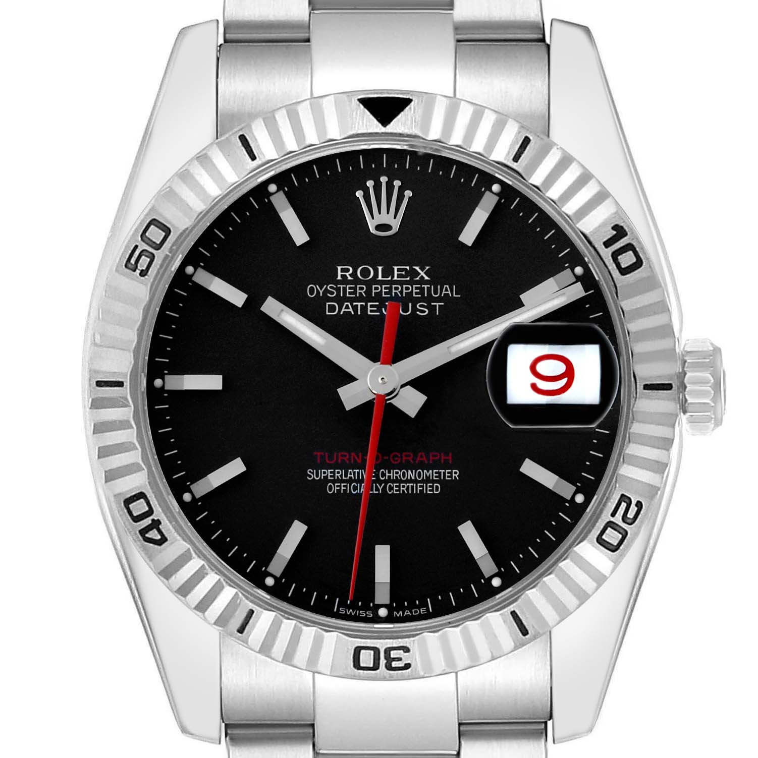 The Rolex Turn-o-Graph 116264 Men
s Stainless Steel Black Dial watch is shown from the front, highlighting the bezel, dial, hands, and date magnifier.